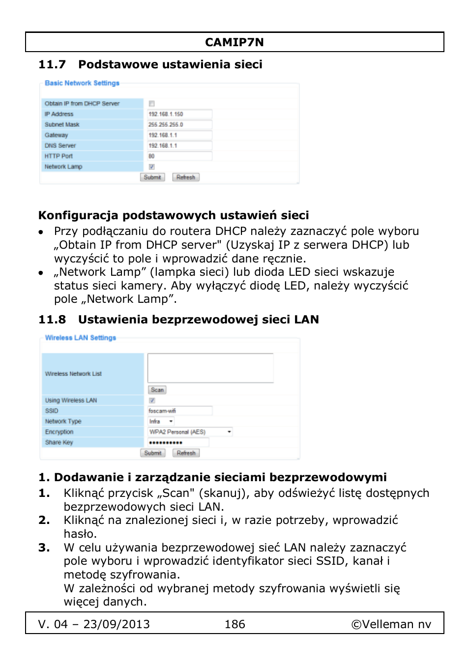 7 podstawowe ustawienia sieci, Konfiguracja podstawowych ustawień sieci, 8 ustawienia bezprzewodowej sieci lan | Dodawanie i zarządzanie sieciami bezprzewodowymi | Velleman CAMIP7N User Manual | Page 186 / 207