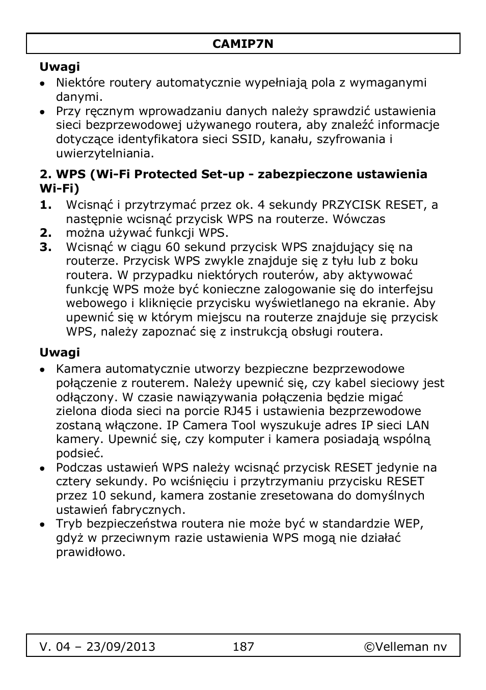 Uwagi | Velleman CAMIP7N User Manual | Page 187 / 207