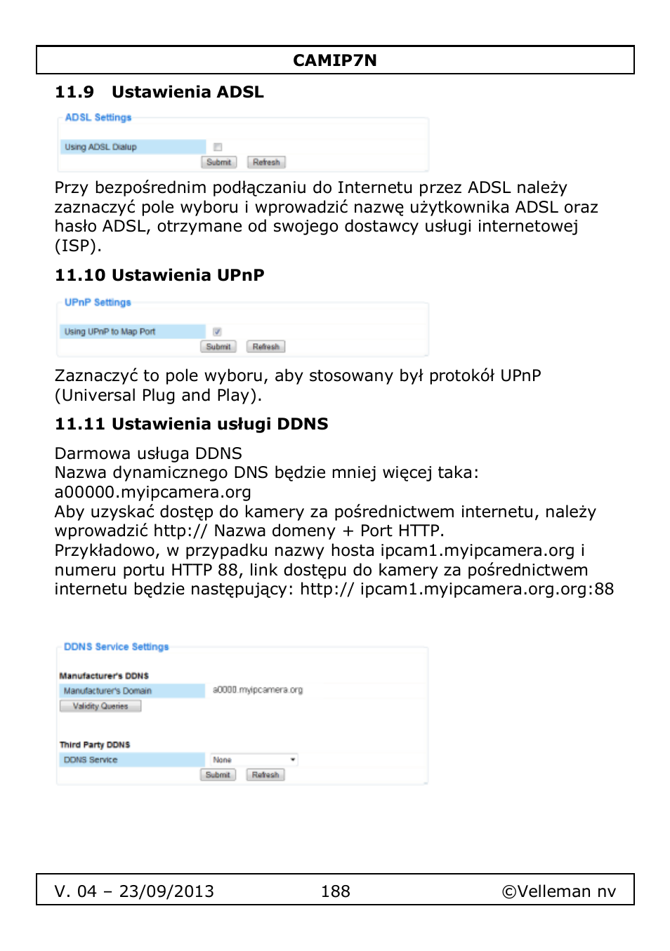 9 ustawienia adsl, 10 ustawienia upnp, 11 ustawienia usługi ddns | Velleman CAMIP7N User Manual | Page 188 / 207