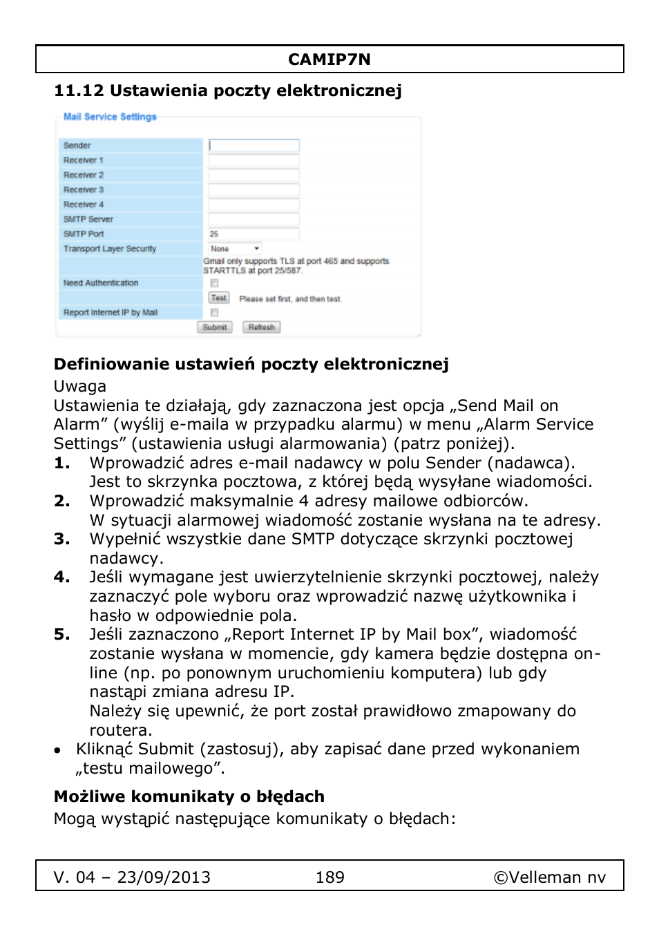 12 ustawienia poczty elektronicznej, Definiowanie ustawień poczty elektronicznej, Możliwe komunikaty o błędach | Velleman CAMIP7N User Manual | Page 189 / 207