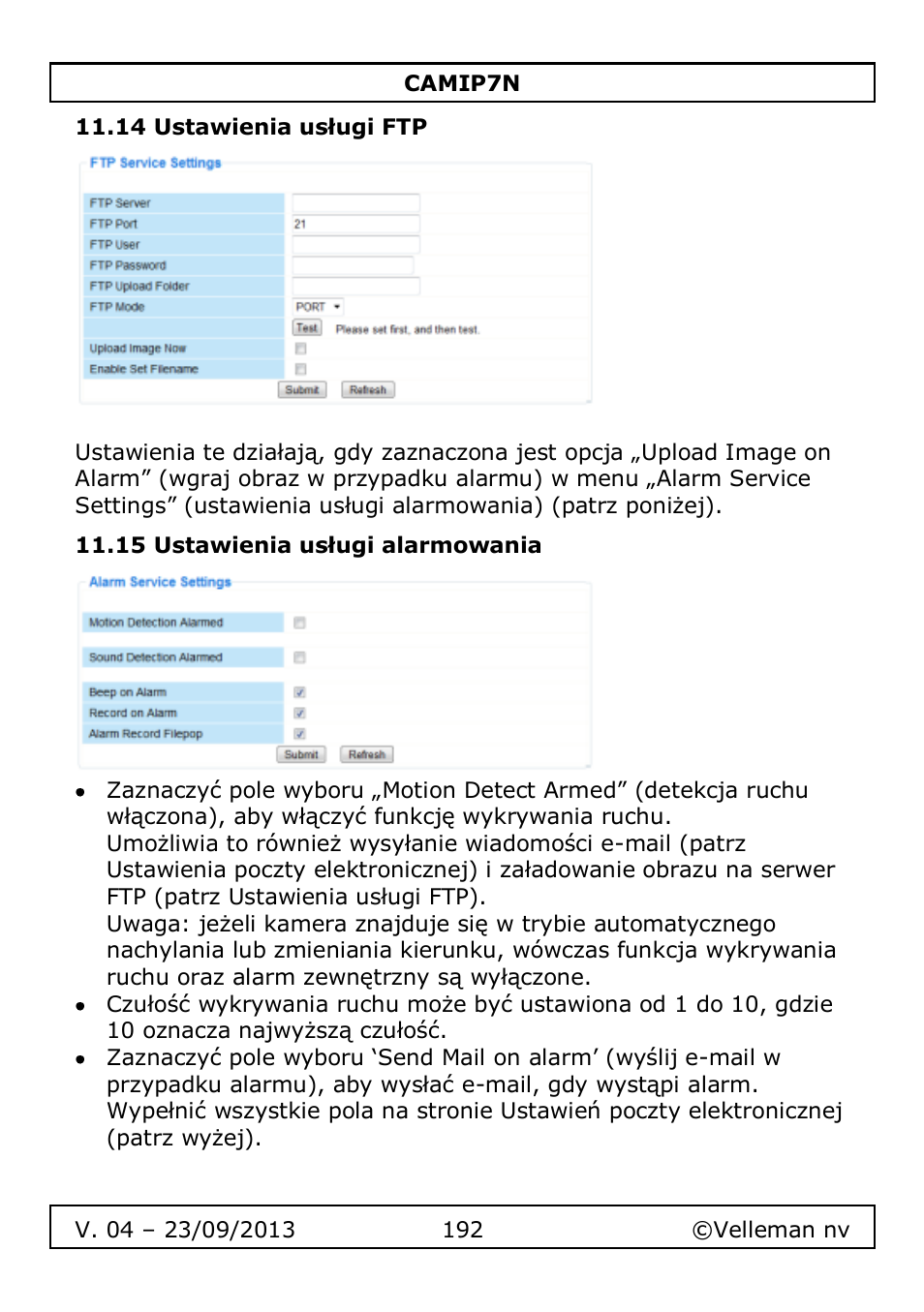 14 ustawienia usługi ftp, 15 ustawienia usługi alarmowania | Velleman CAMIP7N User Manual | Page 192 / 207