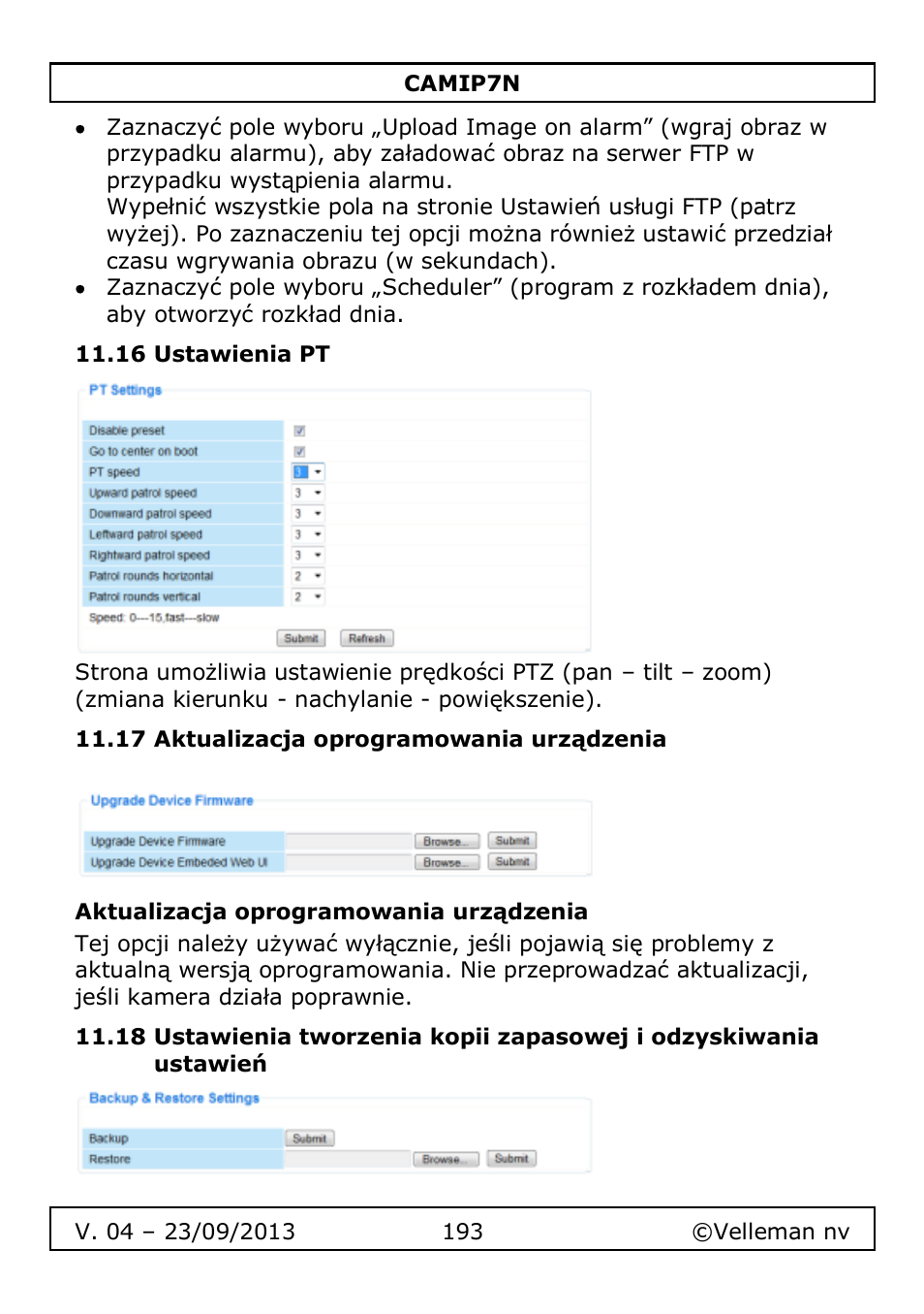 16 ustawienia pt, 17 aktualizacja oprogramowania urządzenia, Aktualizacja oprogramowania urządzenia | Velleman CAMIP7N User Manual | Page 193 / 207