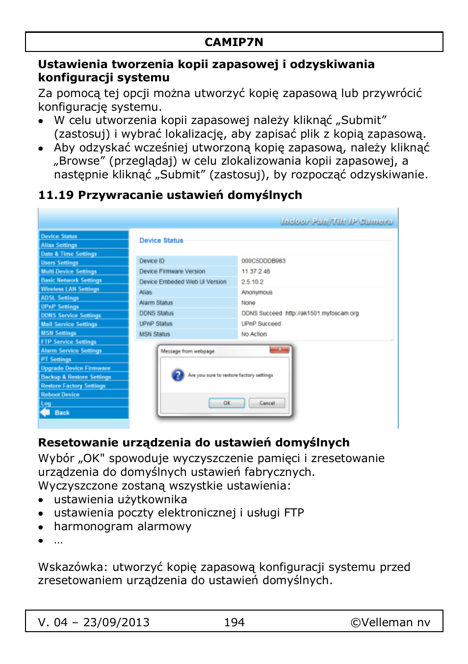 19 przywracanie ustawień domyślnych, Resetowanie urządzenia do ustawień domyślnych | Velleman CAMIP7N User Manual | Page 194 / 207
