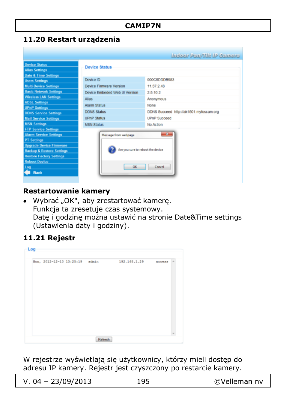 20 restart urządzenia, Restartowanie kamery, 21 rejestr | Velleman CAMIP7N User Manual | Page 195 / 207