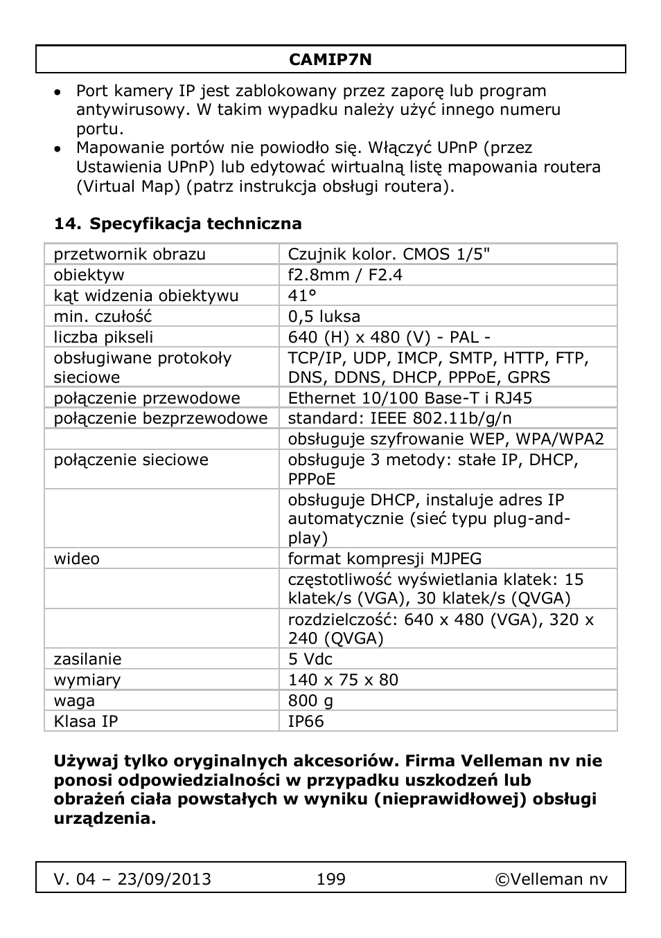 Specyfikacja techniczna | Velleman CAMIP7N User Manual | Page 199 / 207