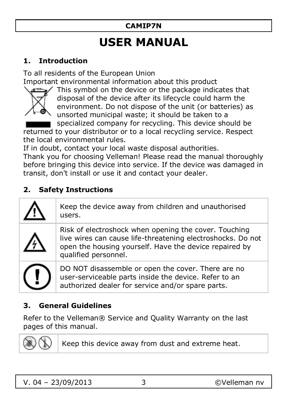 User manual, Introduction, Safety instructions | General guidelines | Velleman CAMIP7N User Manual | Page 3 / 207