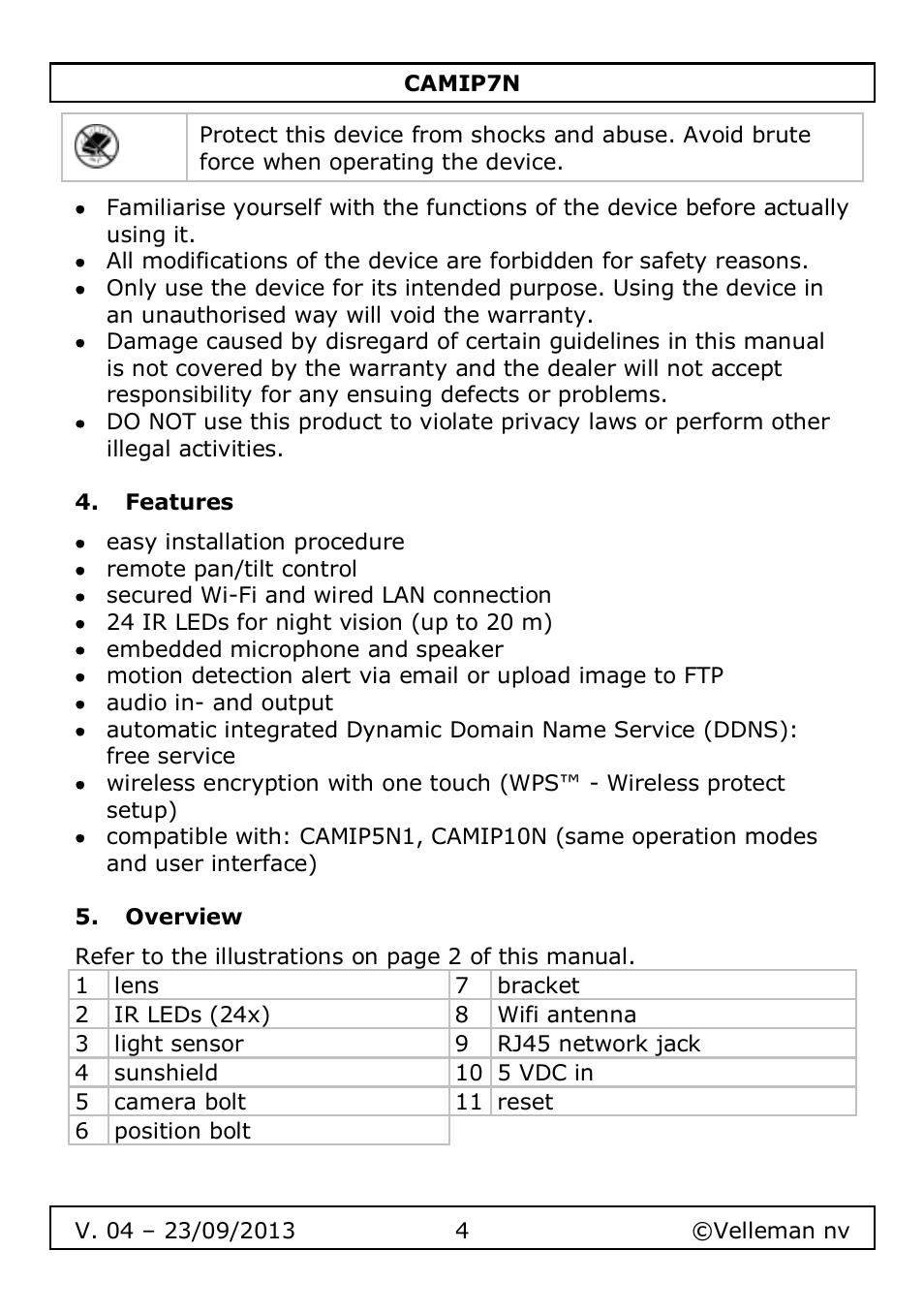 Features, Overview | Velleman CAMIP7N User Manual | Page 4 / 207