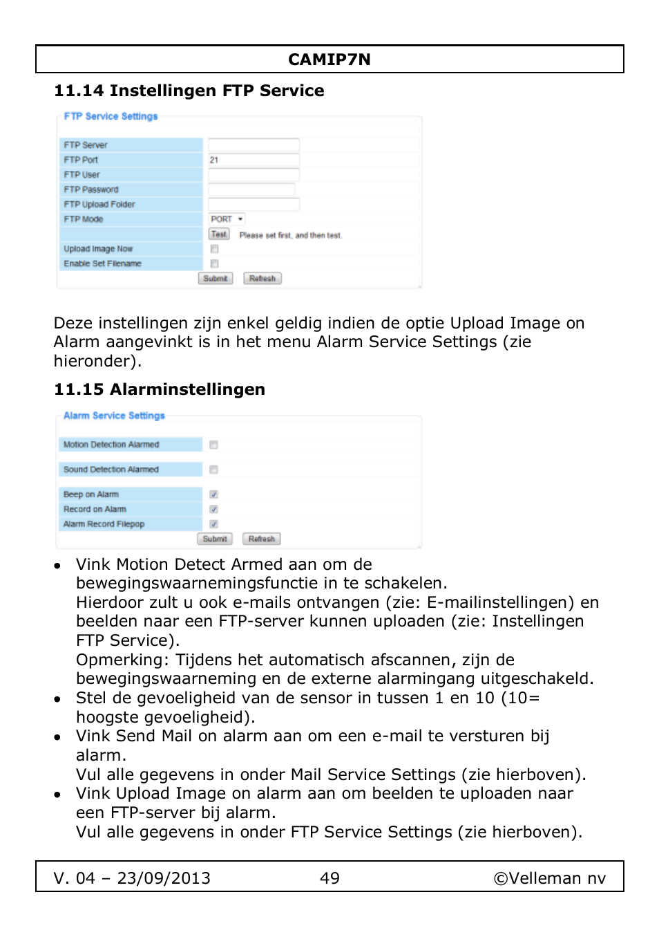 14 instellingen ftp service, 15 alarminstellingen | Velleman CAMIP7N User Manual | Page 49 / 207