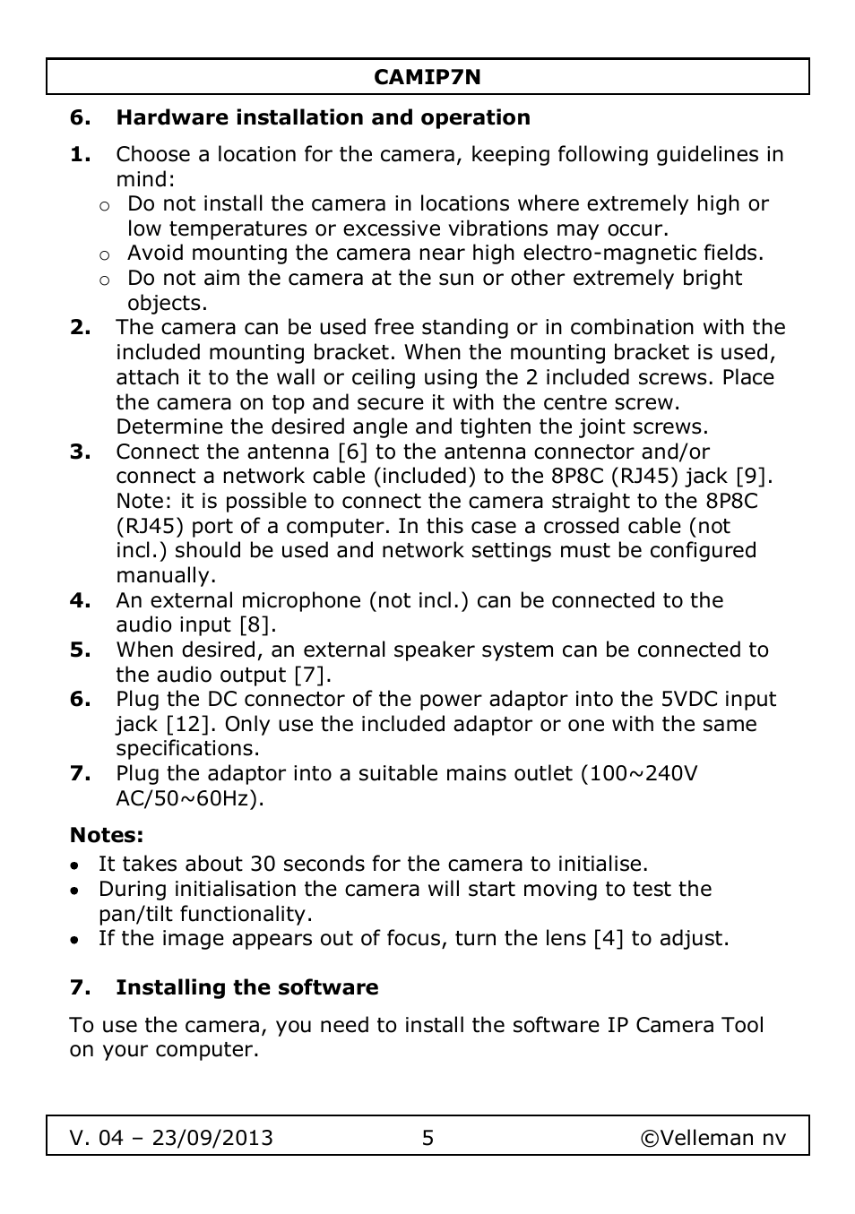 Hardware installation and operation, Notes, Installing the software | Velleman CAMIP7N User Manual | Page 5 / 207