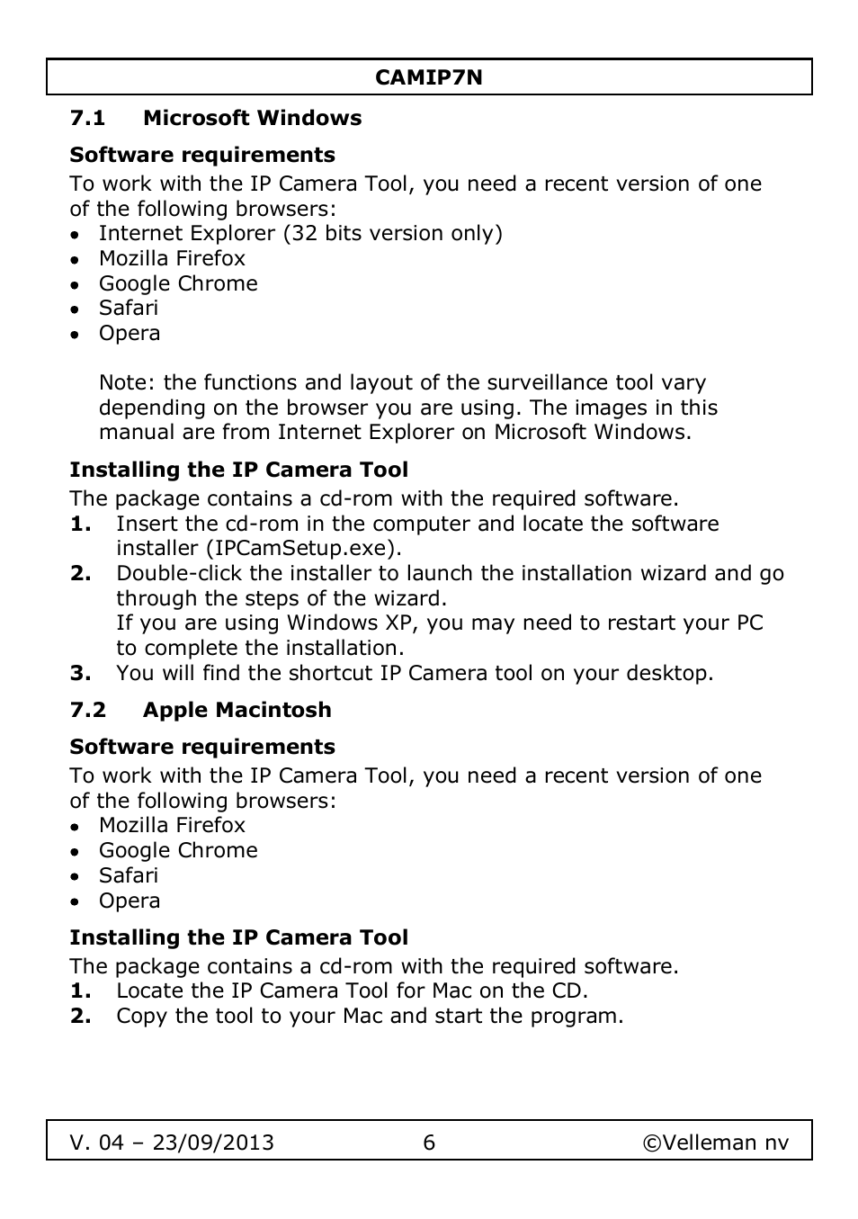 1 microsoft windows, Software requirements, Installing the ip camera tool | 2 apple macintosh | Velleman CAMIP7N User Manual | Page 6 / 207