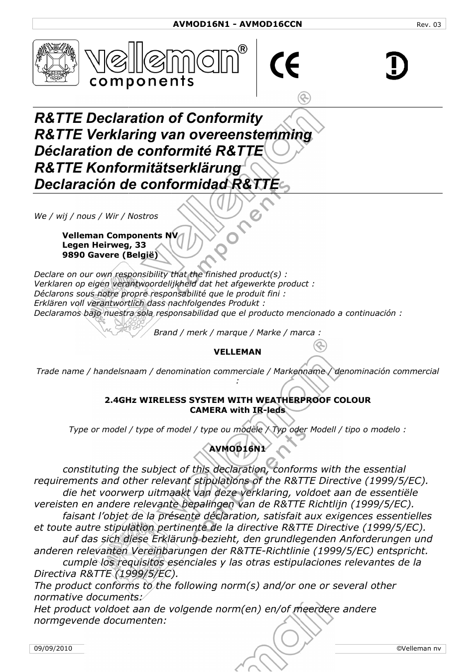 R&tte r&tte déclara r&tte declara, Declar verkla tion de konfor ción d, Ration o ring va e confo rmitäts de confo | Of conf an over ormité serklär formida, Formity reenst r&tte rung ad r&t, Ytemmin e tte | Velleman AVMOD16CCN User Manual | Page 20 / 23