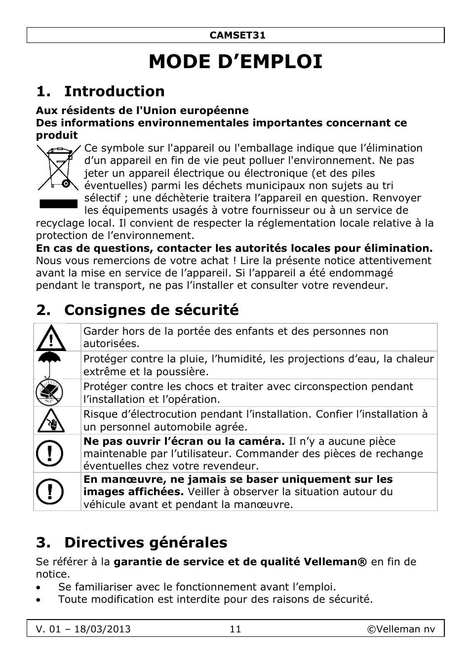 Mode d’emploi, Introduction, Consignes de sécurité | Directives générales | Velleman CAMSET31 User Manual | Page 11 / 34
