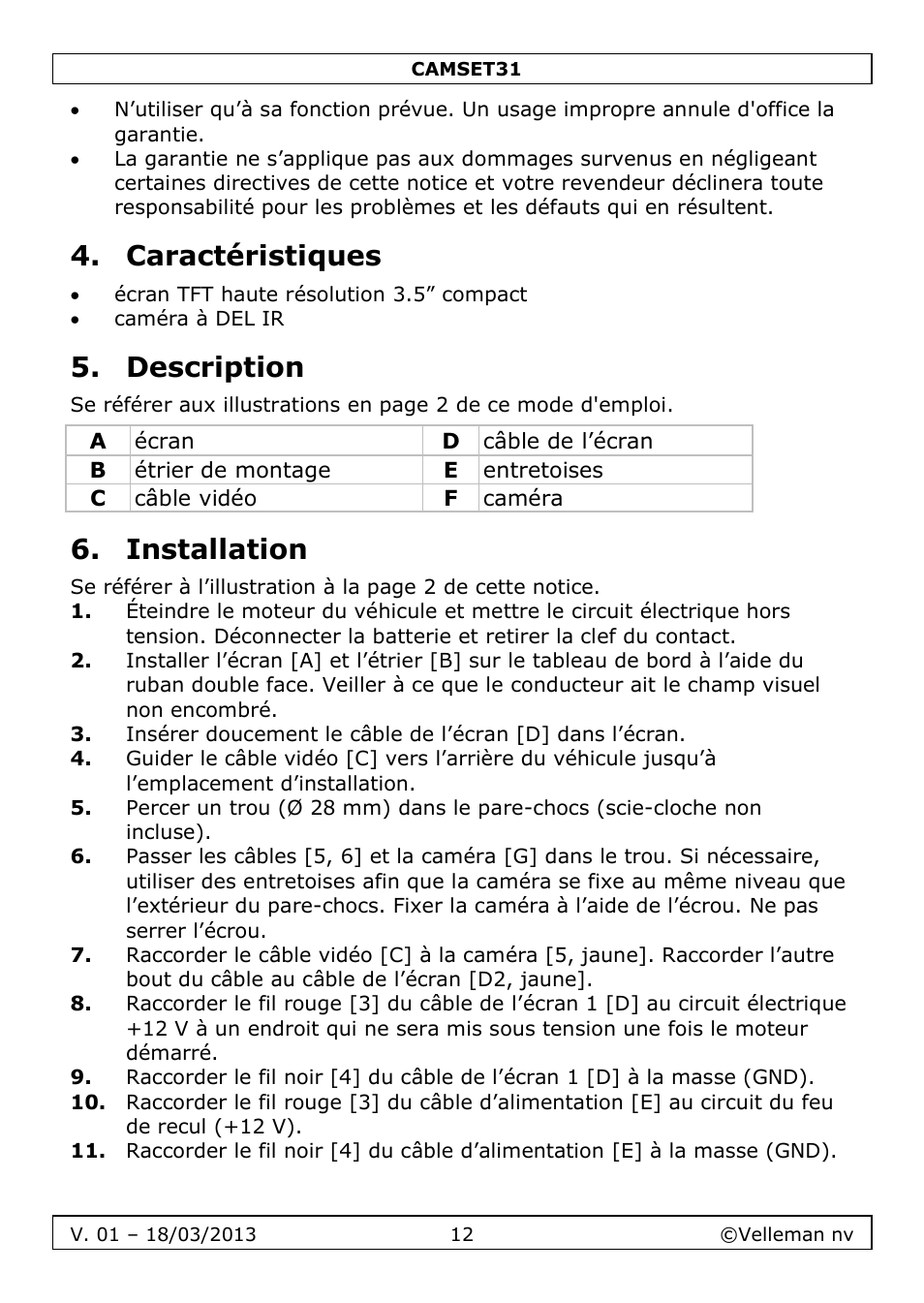 Caractéristiques, Description, Installation | Velleman CAMSET31 User Manual | Page 12 / 34