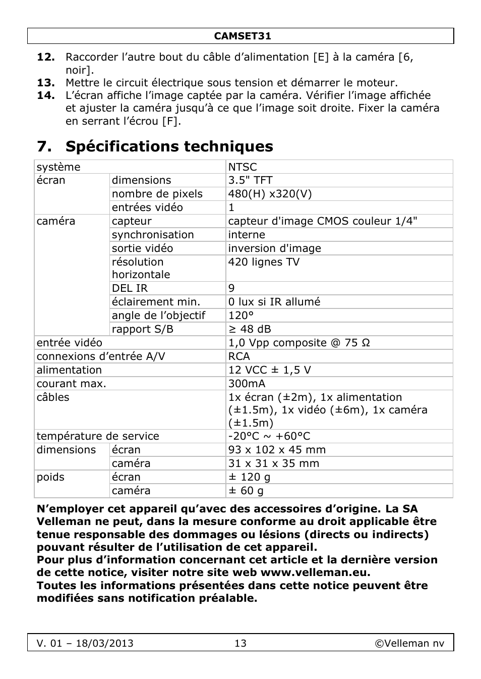 Spécifications techniques | Velleman CAMSET31 User Manual | Page 13 / 34