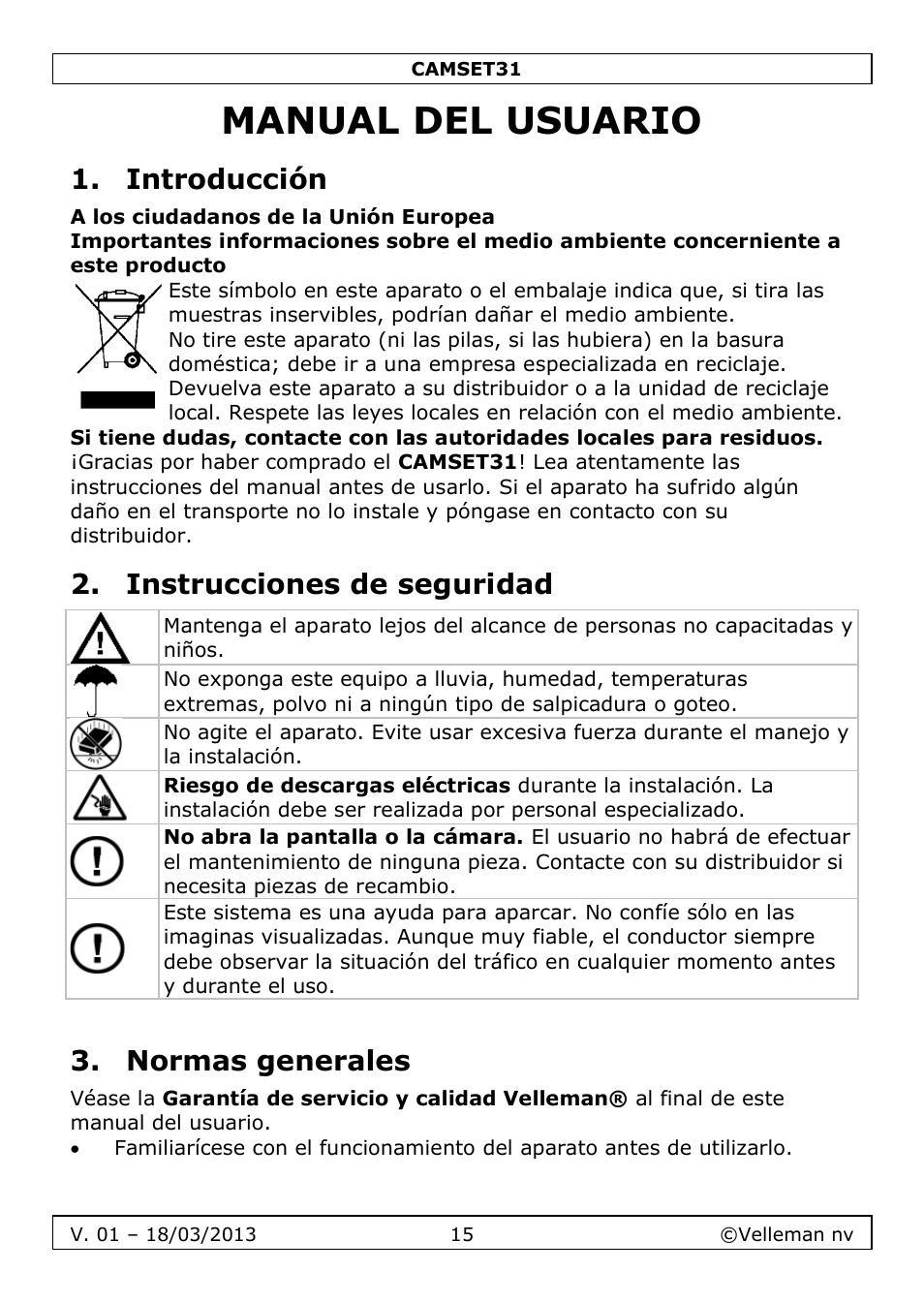 Manual del usuario, Introducción, Instrucciones de seguridad | Normas generales | Velleman CAMSET31 User Manual | Page 15 / 34