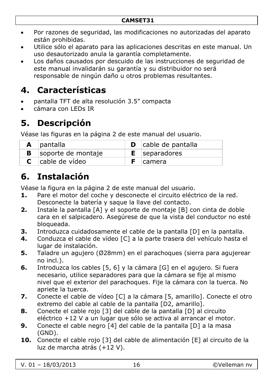 Características, Descripción, Instalación | Velleman CAMSET31 User Manual | Page 16 / 34