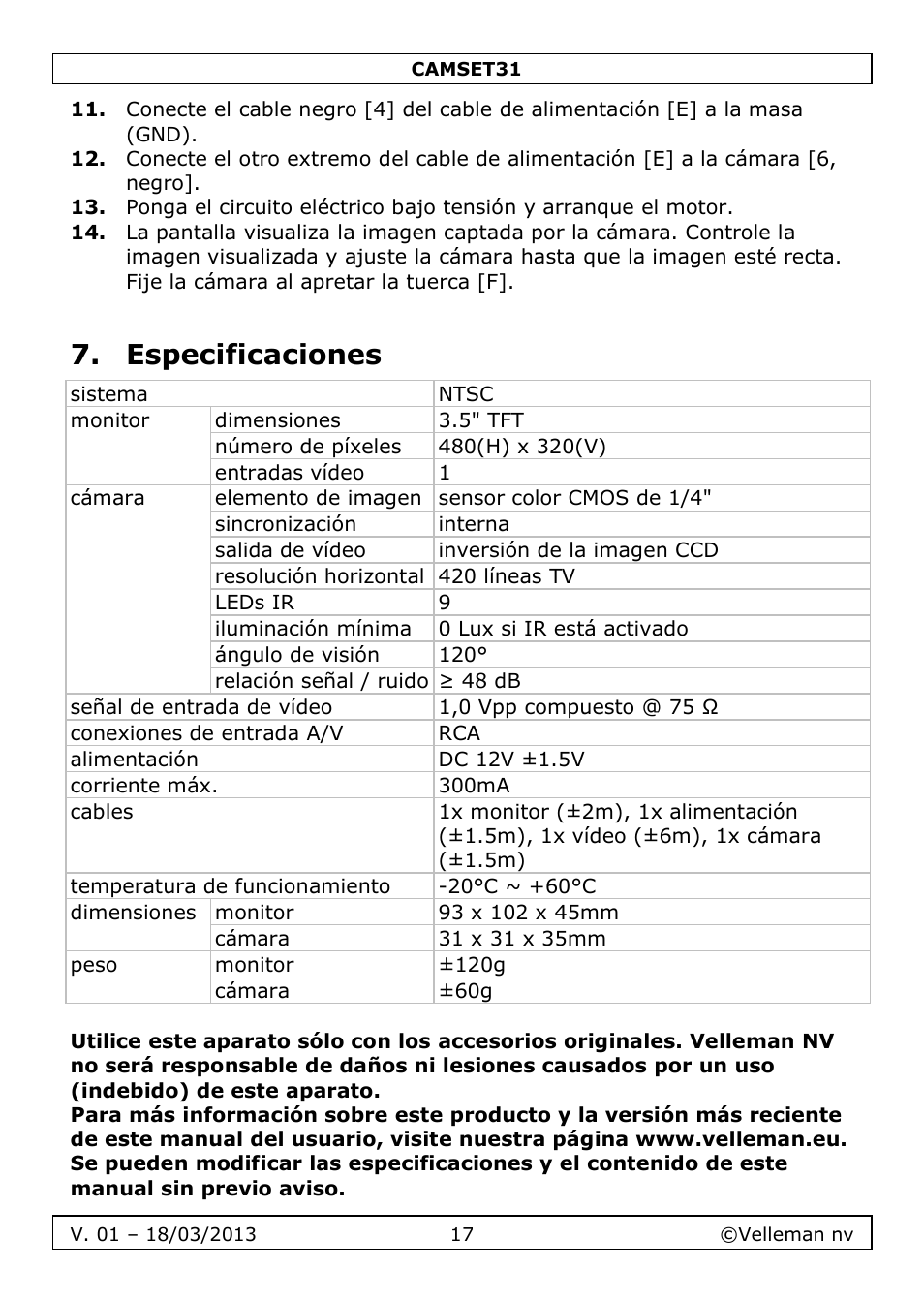 Especificaciones | Velleman CAMSET31 User Manual | Page 17 / 34