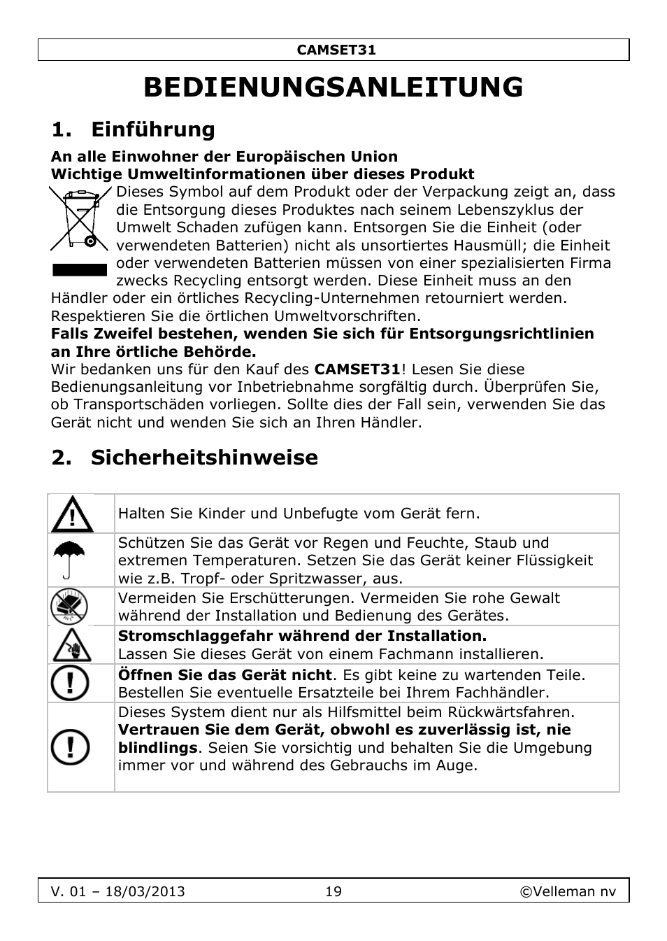 Bedienungsanleitung, Einführung, Sicherheitshinweise | Velleman CAMSET31 User Manual | Page 19 / 34