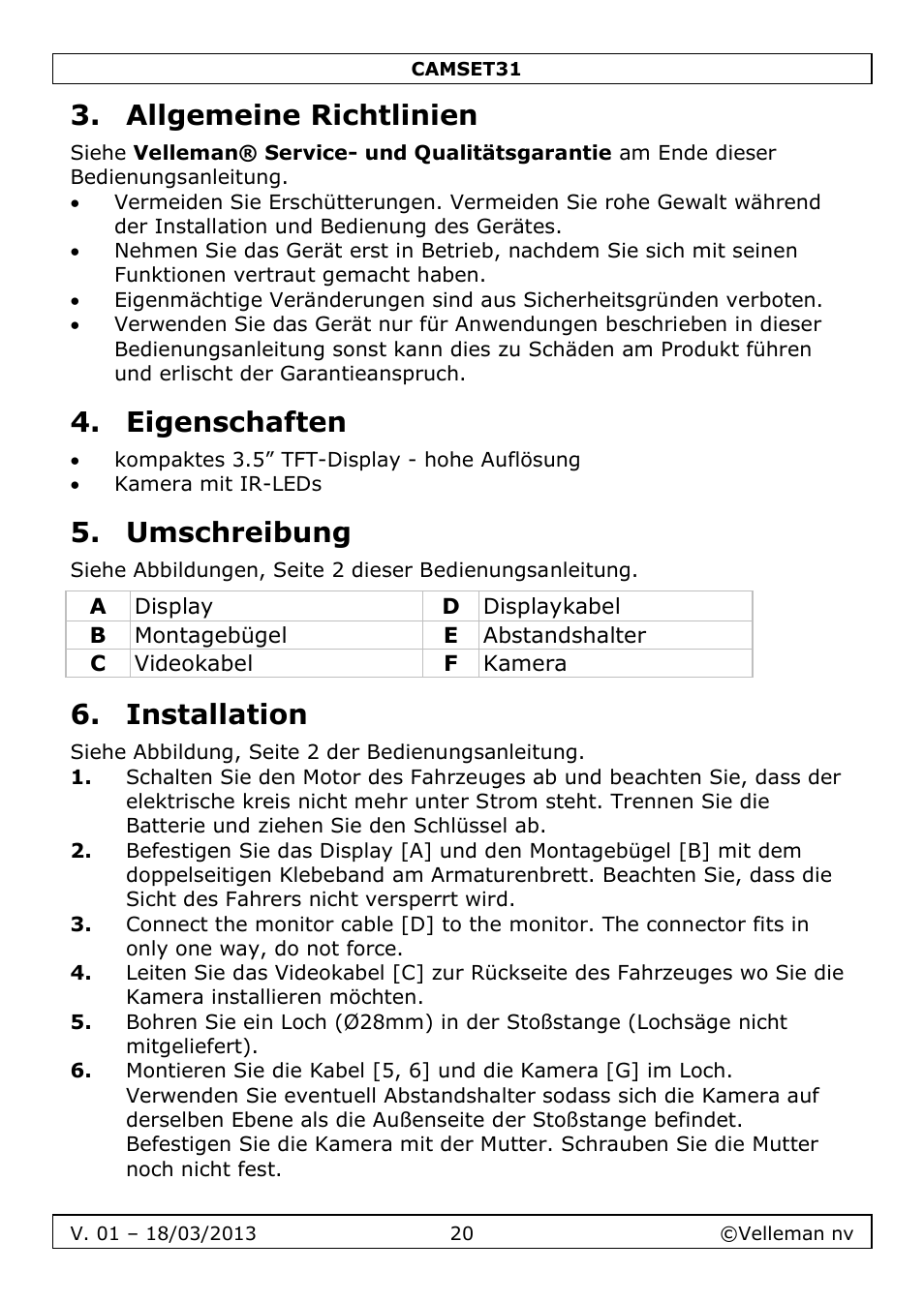 Allgemeine richtlinien, Eigenschaften, Umschreibung | Installation | Velleman CAMSET31 User Manual | Page 20 / 34