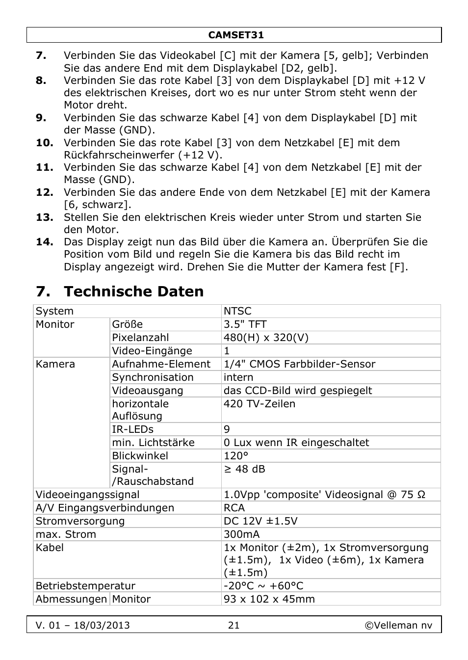 Technische daten | Velleman CAMSET31 User Manual | Page 21 / 34