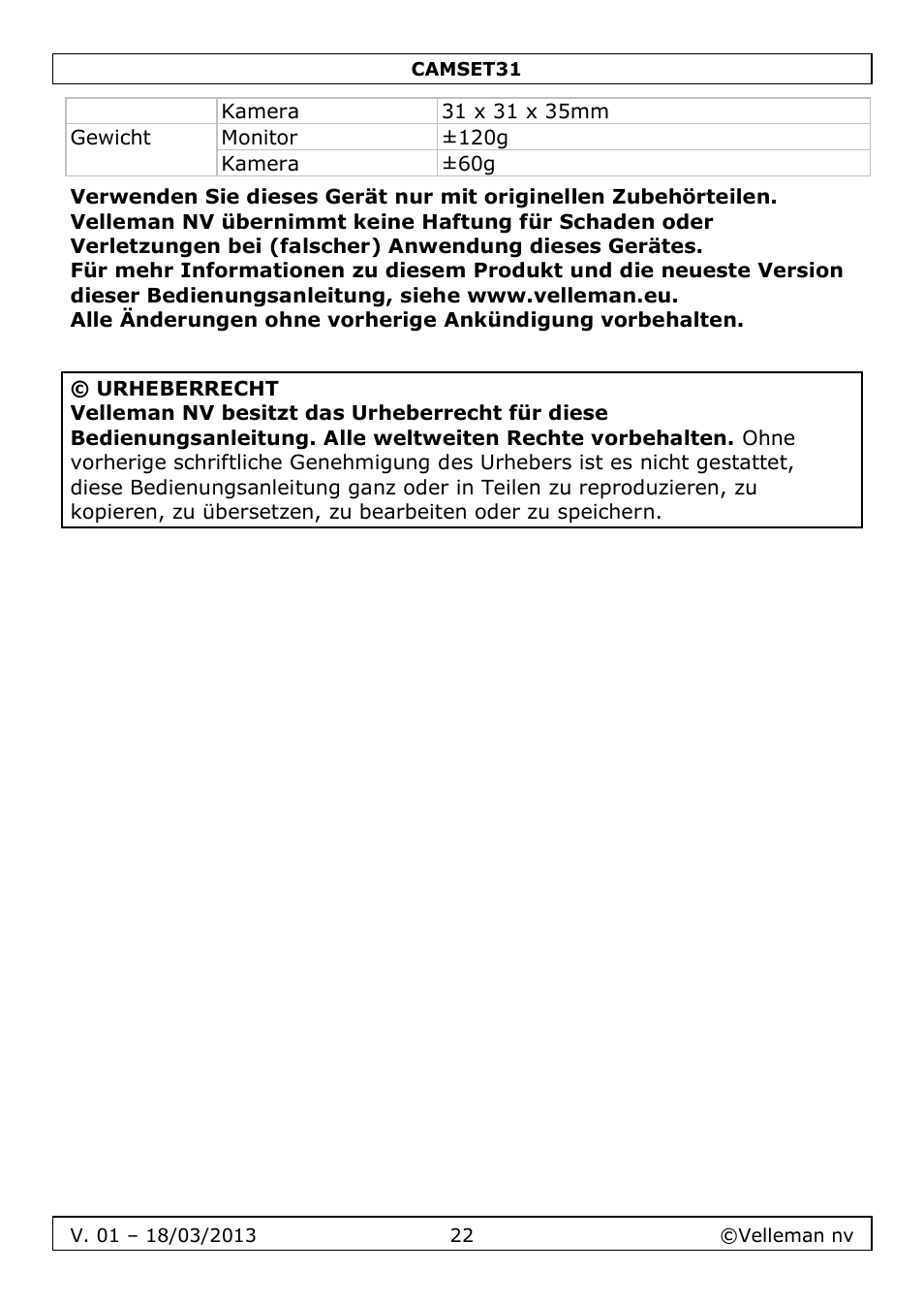 Velleman CAMSET31 User Manual | Page 22 / 34