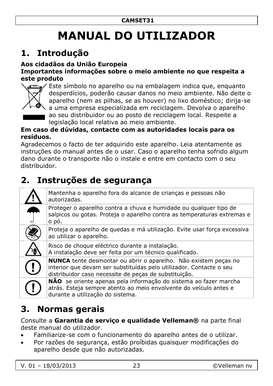 Manual do utilizador, Introdução, Instruções de segurança | Normas gerais | Velleman CAMSET31 User Manual | Page 23 / 34