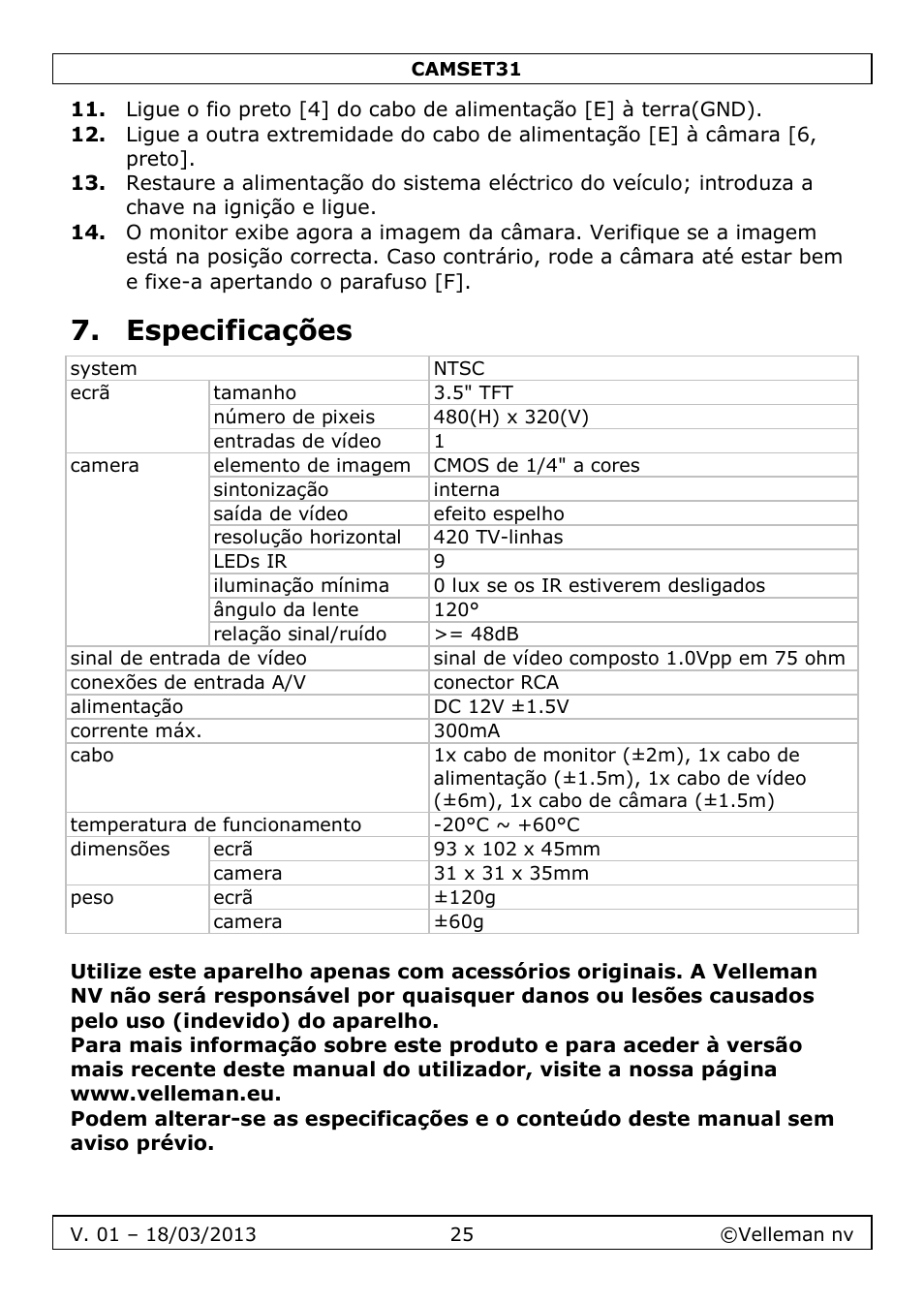 Especificações | Velleman CAMSET31 User Manual | Page 25 / 34
