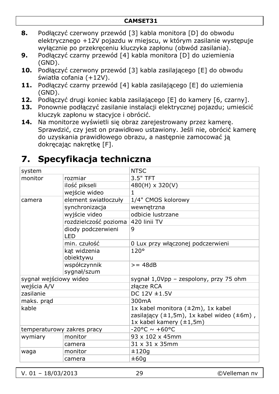 Specyfikacja techniczna | Velleman CAMSET31 User Manual | Page 29 / 34
