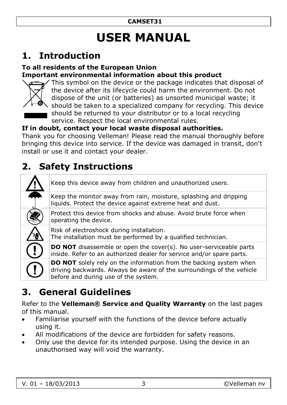 User manual, Introduction, Safety instructions | General guidelines | Velleman CAMSET31 User Manual | Page 3 / 34