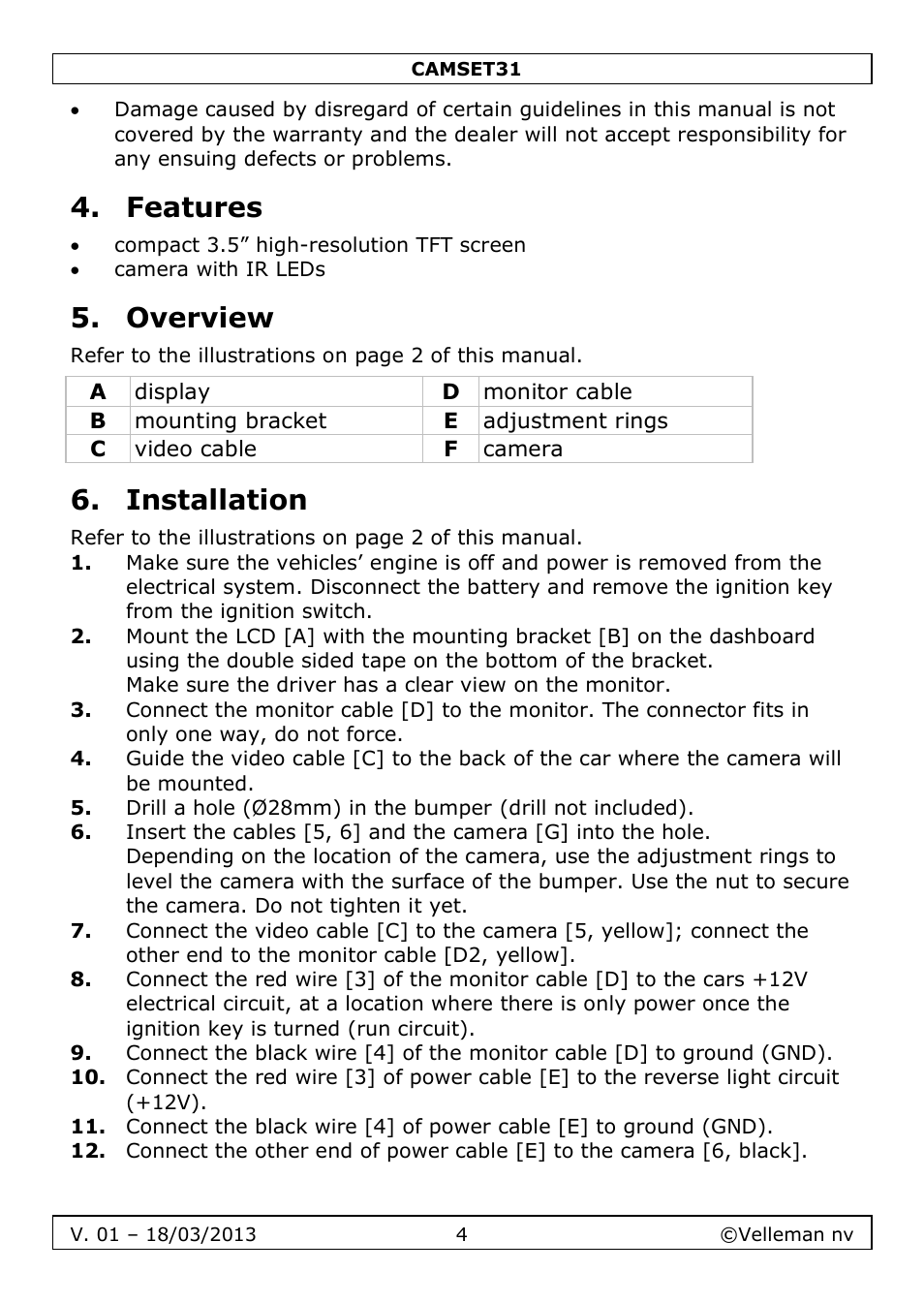Features, Overview, Installation | Velleman CAMSET31 User Manual | Page 4 / 34