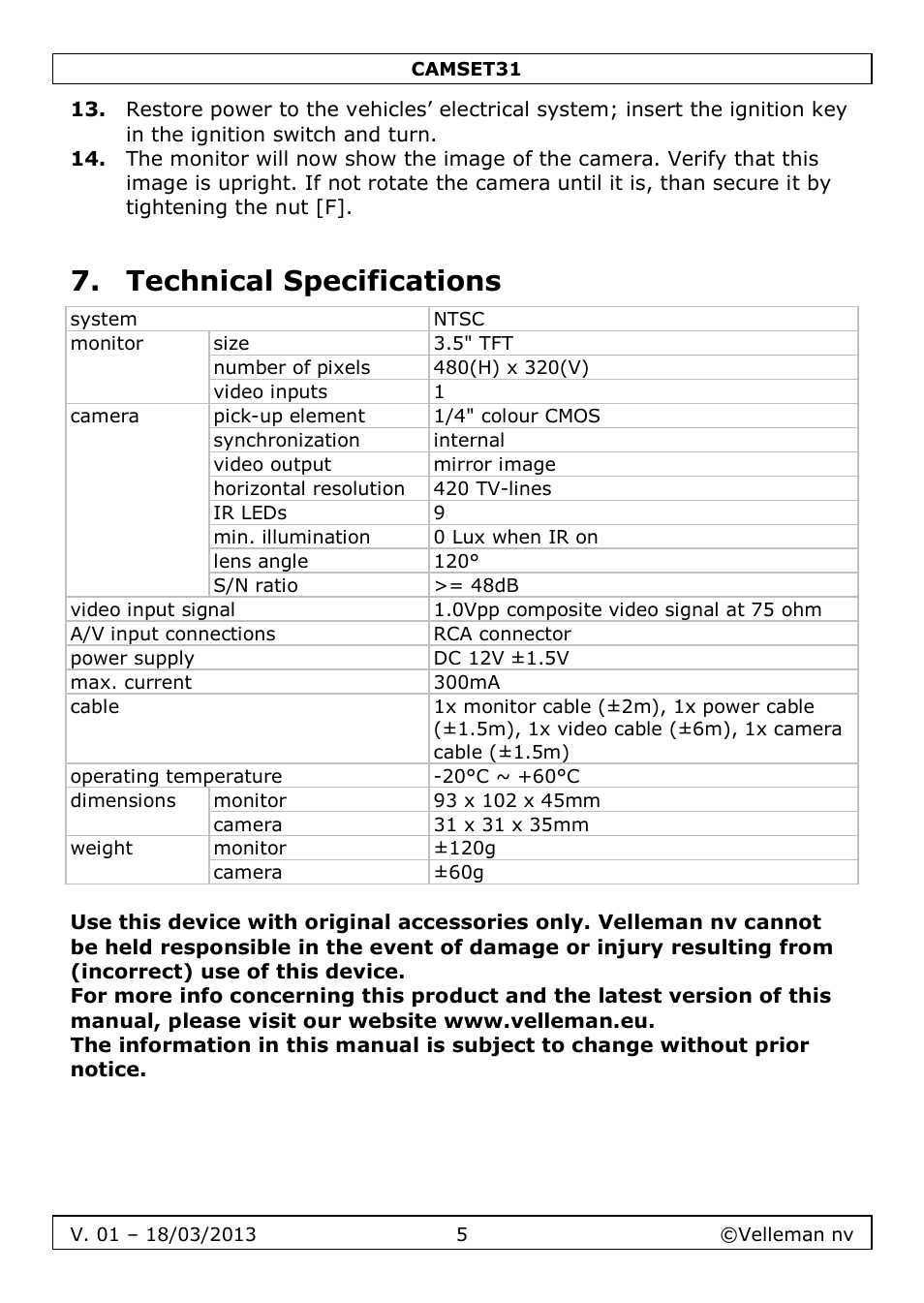 Technical specifications | Velleman CAMSET31 User Manual | Page 5 / 34