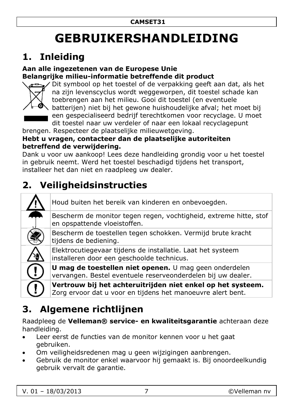 Gebruikershandleiding, Inleiding, Veiligheidsinstructies | Algemene richtlijnen | Velleman CAMSET31 User Manual | Page 7 / 34
