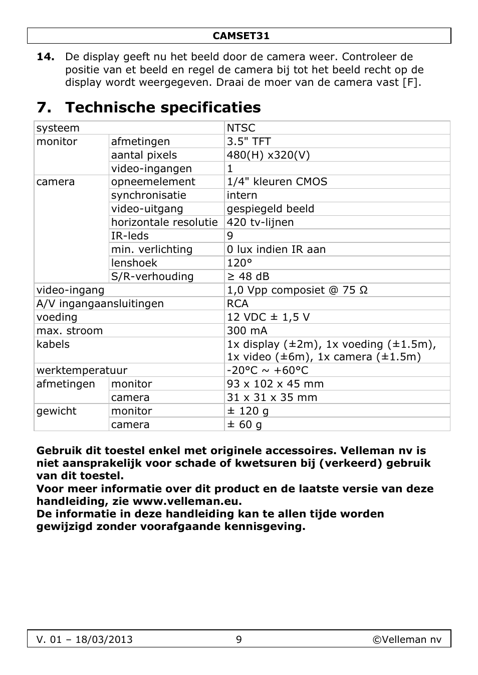 Technische specificaties | Velleman CAMSET31 User Manual | Page 9 / 34