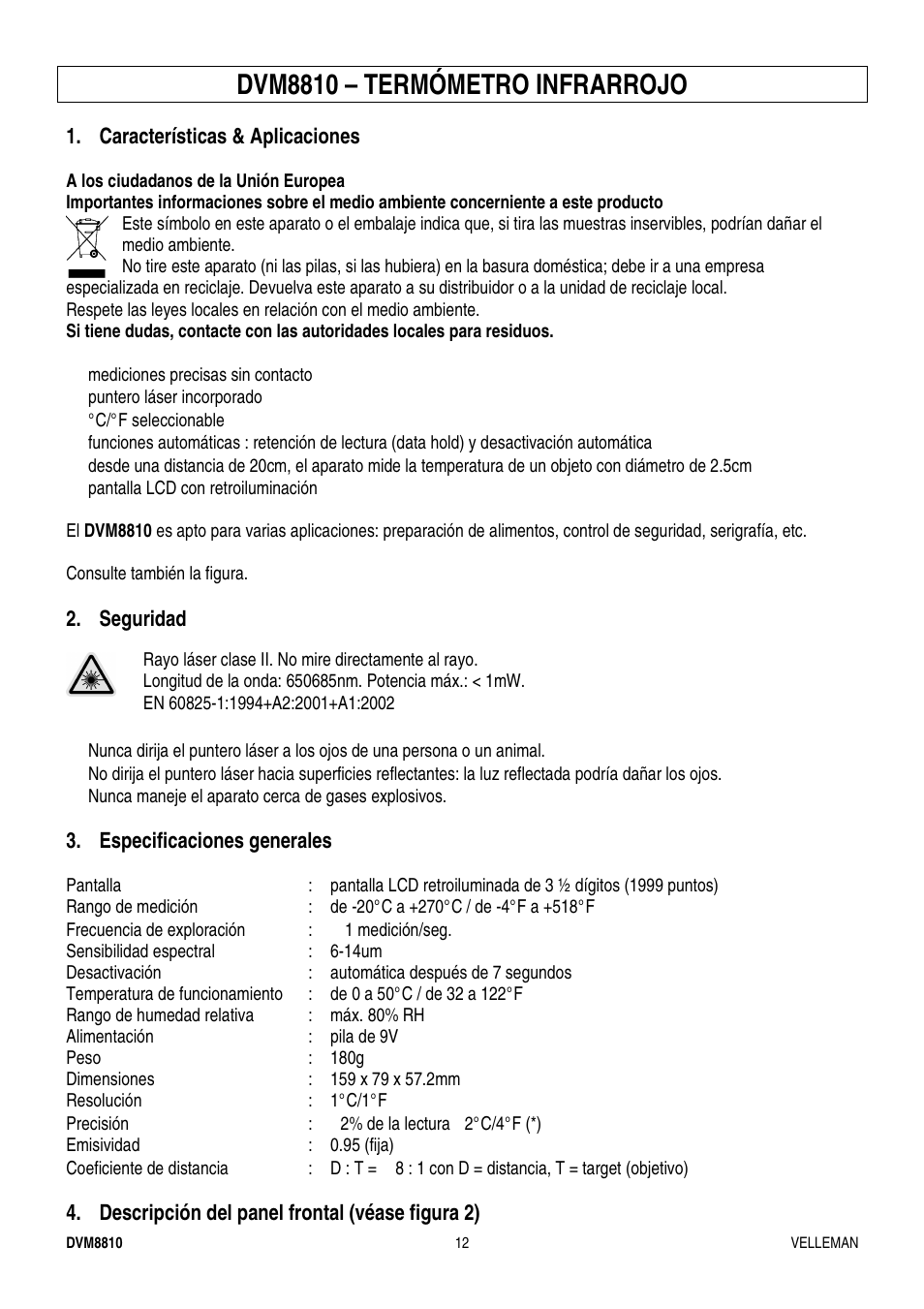 Dvm8810 – termómetro infrarrojo | Velleman DVM8810 User Manual | Page 12 / 17