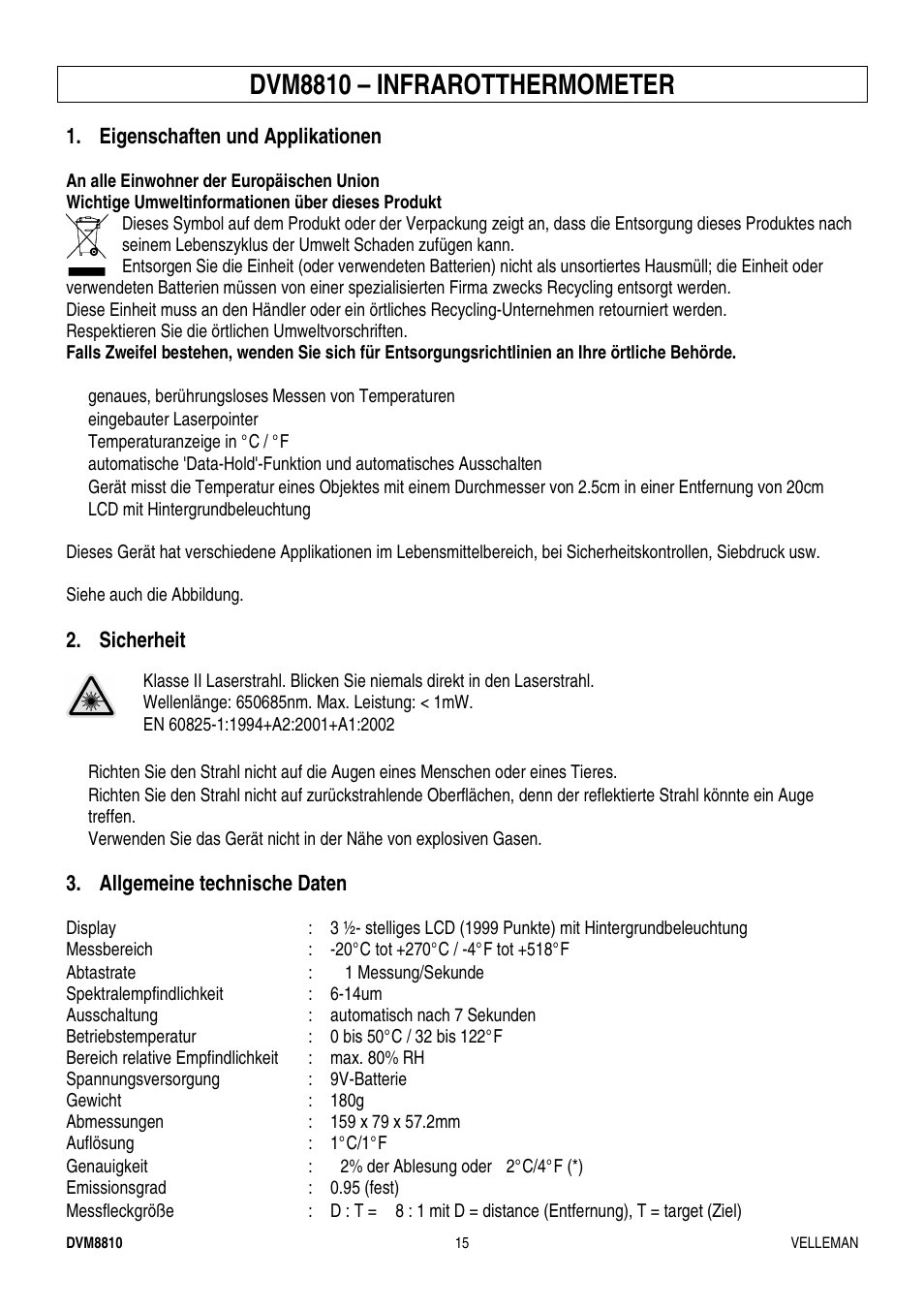 Dvm8810 – infrarotthermometer | Velleman DVM8810 User Manual | Page 15 / 17