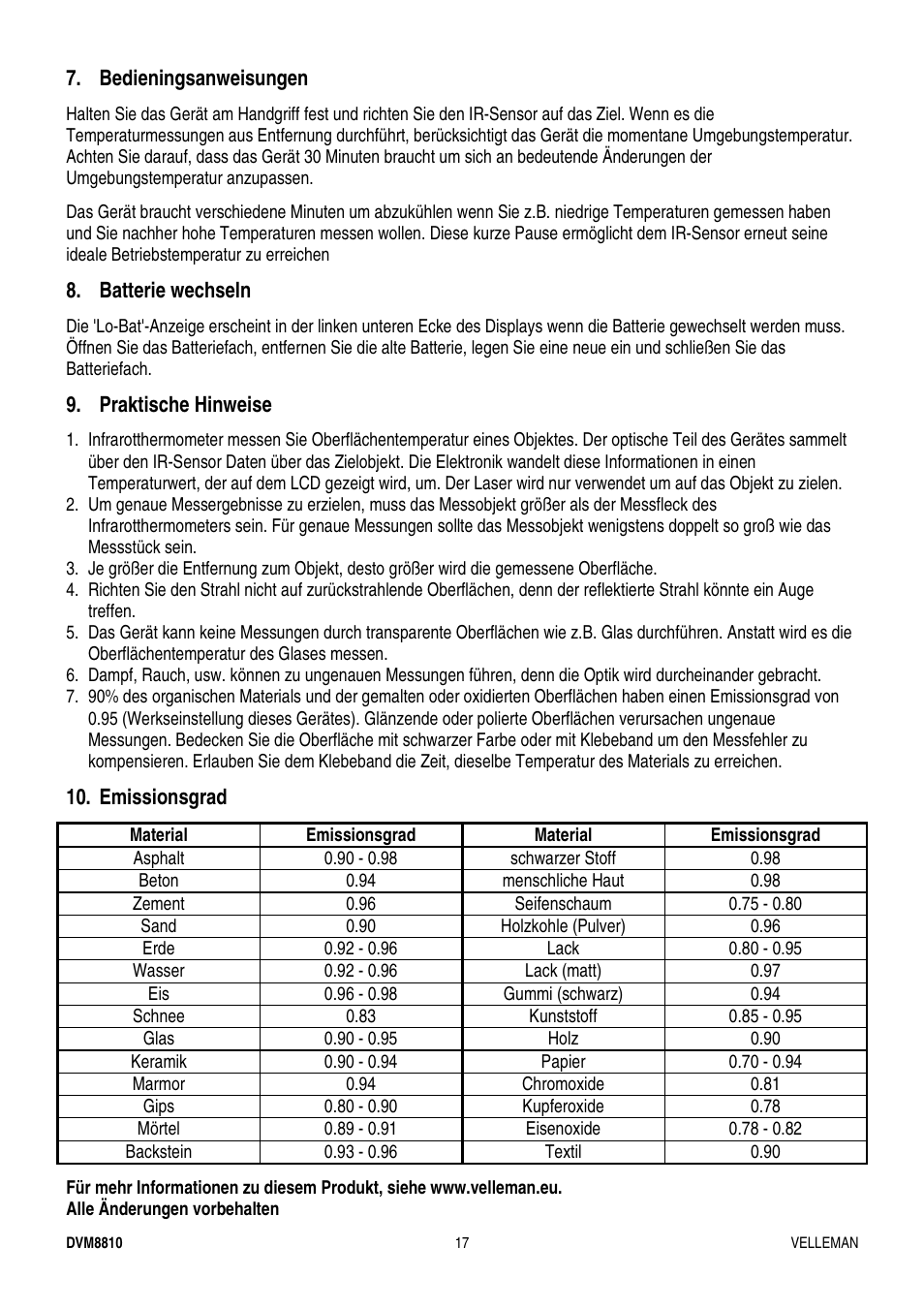 Bedieningsanweisungen, Batterie wechseln, Praktische hinweise | Emissionsgrad | Velleman DVM8810 User Manual | Page 17 / 17