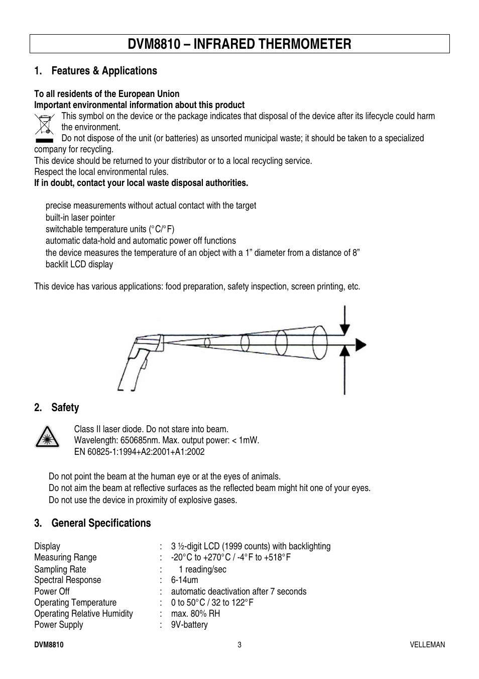 Dvm8810 – infrared thermometer | Velleman DVM8810 User Manual | Page 3 / 17