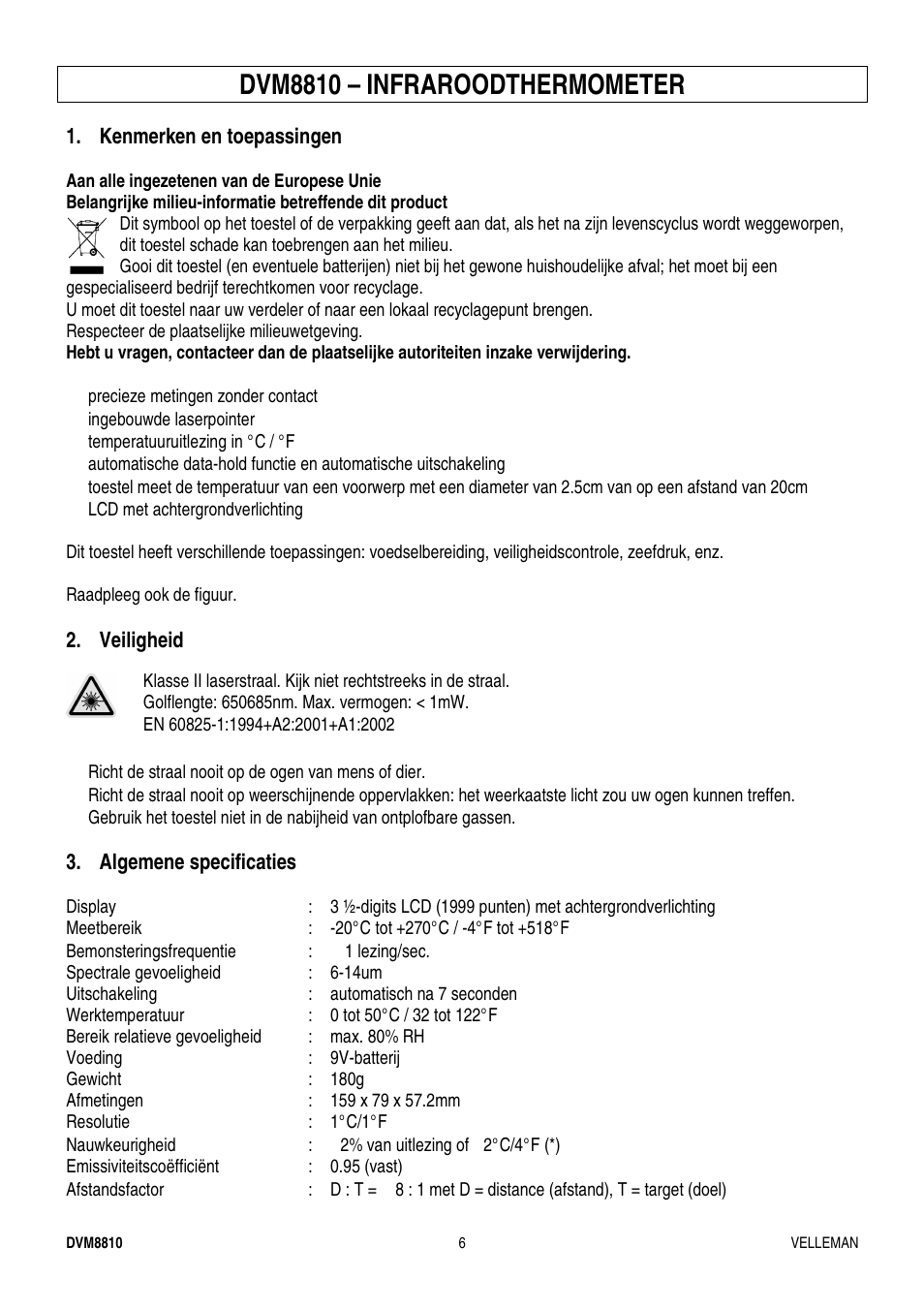 Dvm8810 – infraroodthermometer | Velleman DVM8810 User Manual | Page 6 / 17