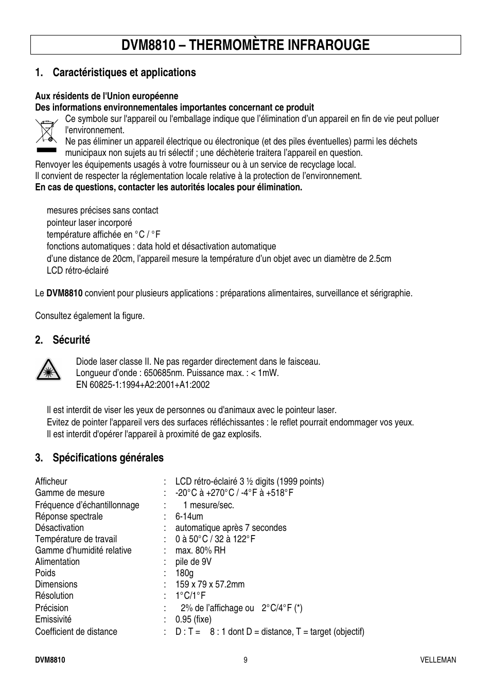 Dvm8810 – thermomètre infrarouge | Velleman DVM8810 User Manual | Page 9 / 17