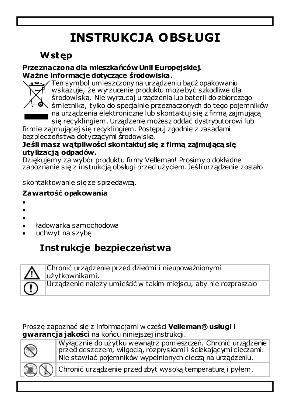 Instrukcja obsługi, Wstęp, Zawartość opakowania | Instrukcje bezpieczeństwa, Informacje ogólne | Velleman CAMCOLVC20 User Manual | Page 67 / 81