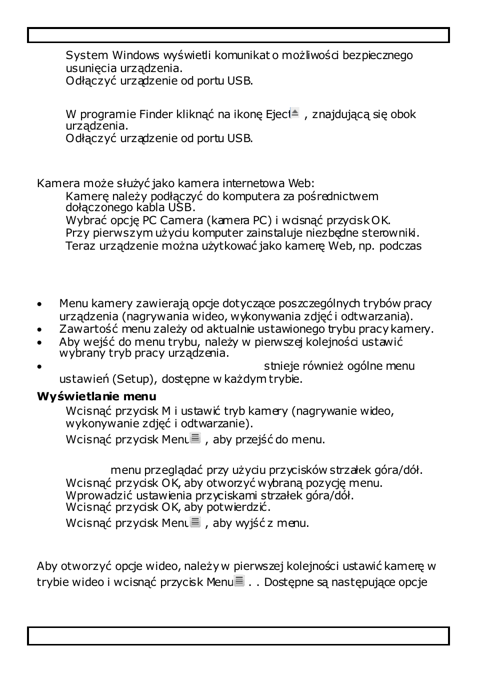 Mac os, Wykorzystywanie kamery jako kamery web, Opcje kamery | Wyświetlanie menu, Wybór pozycji menu, Tryb wideo – opcje menu | Velleman CAMCOLVC20 User Manual | Page 73 / 81