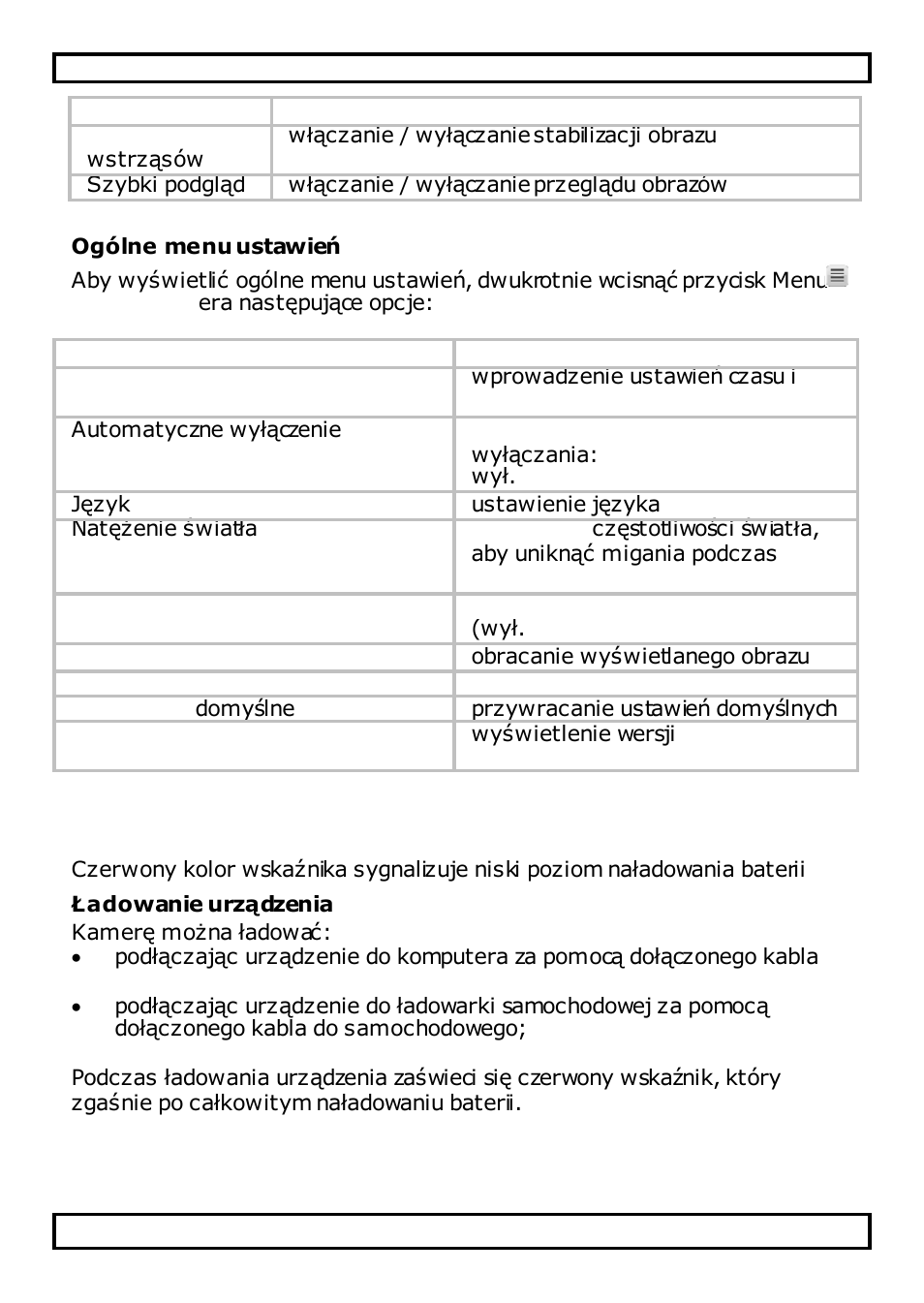 Ogólne menu ustawień, Bateria, Ładowanie urządzenia | Velleman CAMCOLVC20 User Manual | Page 75 / 81