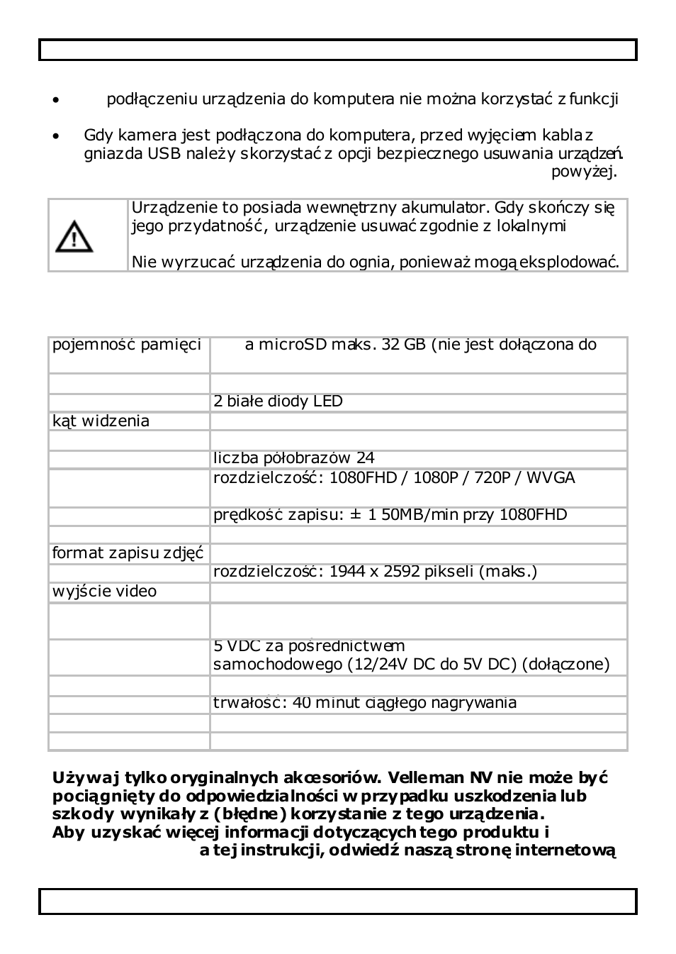 Uwagi, Specyfikacja techniczna | Velleman CAMCOLVC20 User Manual | Page 76 / 81