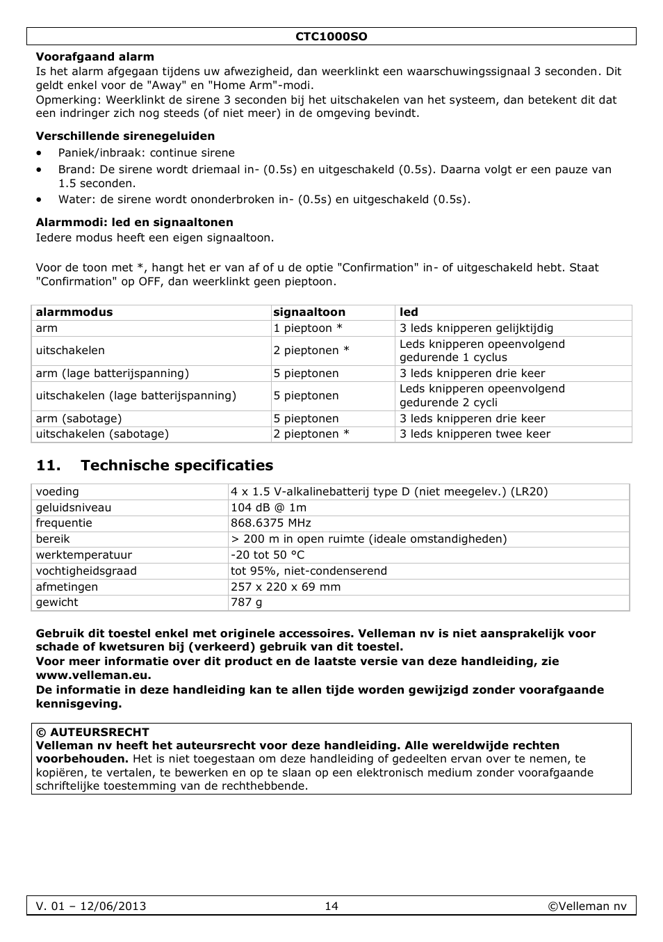 Voorafgaand alarm, Verschillende sirenegeluiden, Alarmmodi: led en signaaltonen | Technische specificaties | Velleman CTC1000SO User Manual | Page 14 / 46