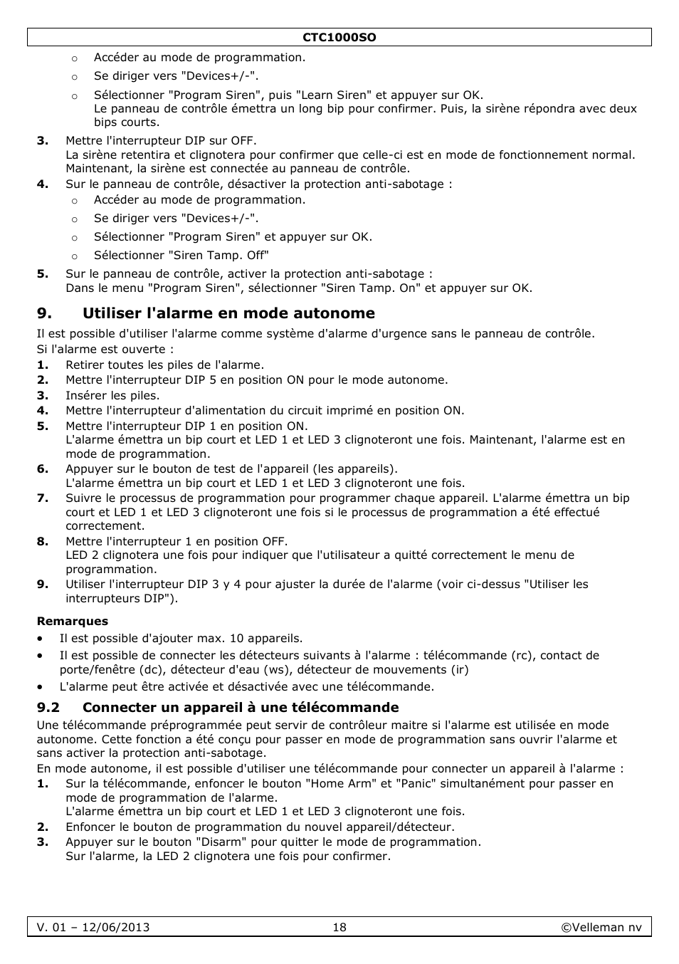 Utiliser l'alarme en mode autonome, Remarques, 2 connecter un appareil à une télécommande | Velleman CTC1000SO User Manual | Page 18 / 46
