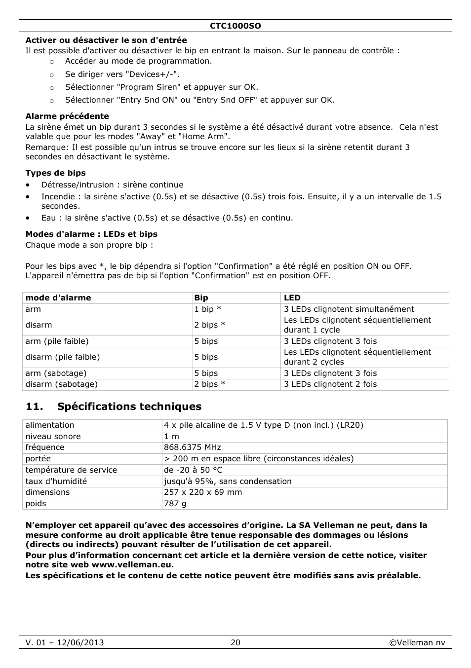 Activer ou désactiver le son d'entrée, Alarme précédente, Types de bips | Modes d'alarme : leds et bips, Spécifications techniques | Velleman CTC1000SO User Manual | Page 20 / 46