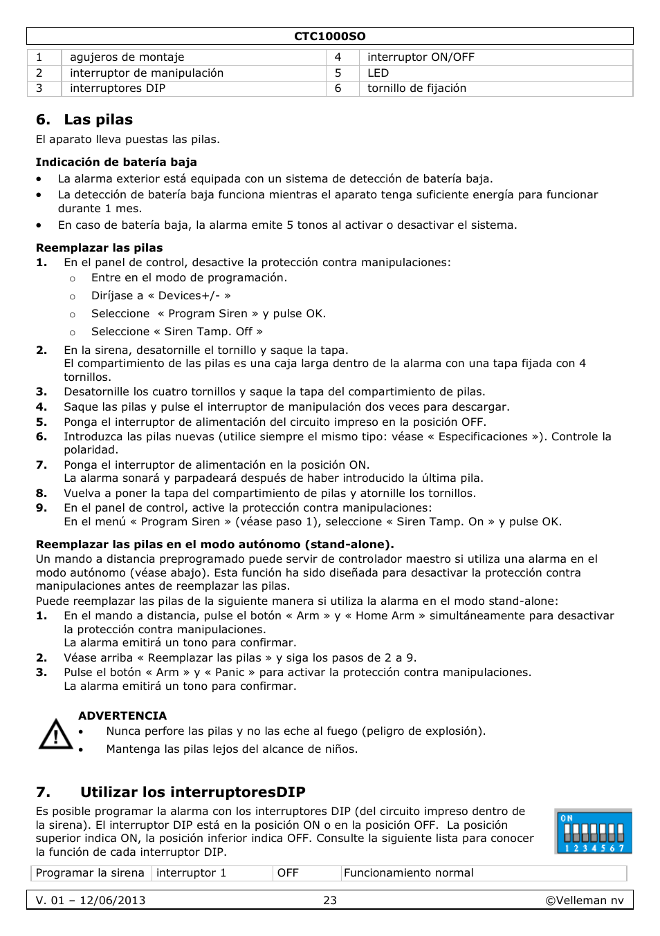Las pilas, Indicación de batería baja, Reemplazar las pilas | Utilizar los interruptoresdip | Velleman CTC1000SO User Manual | Page 23 / 46