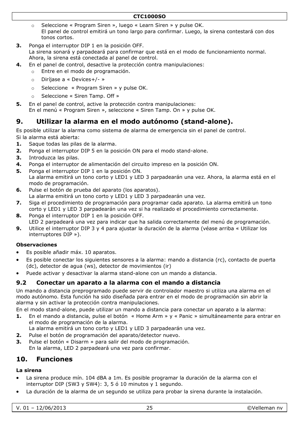 Observaciones, Funciones, La sirena | Velleman CTC1000SO User Manual | Page 25 / 46