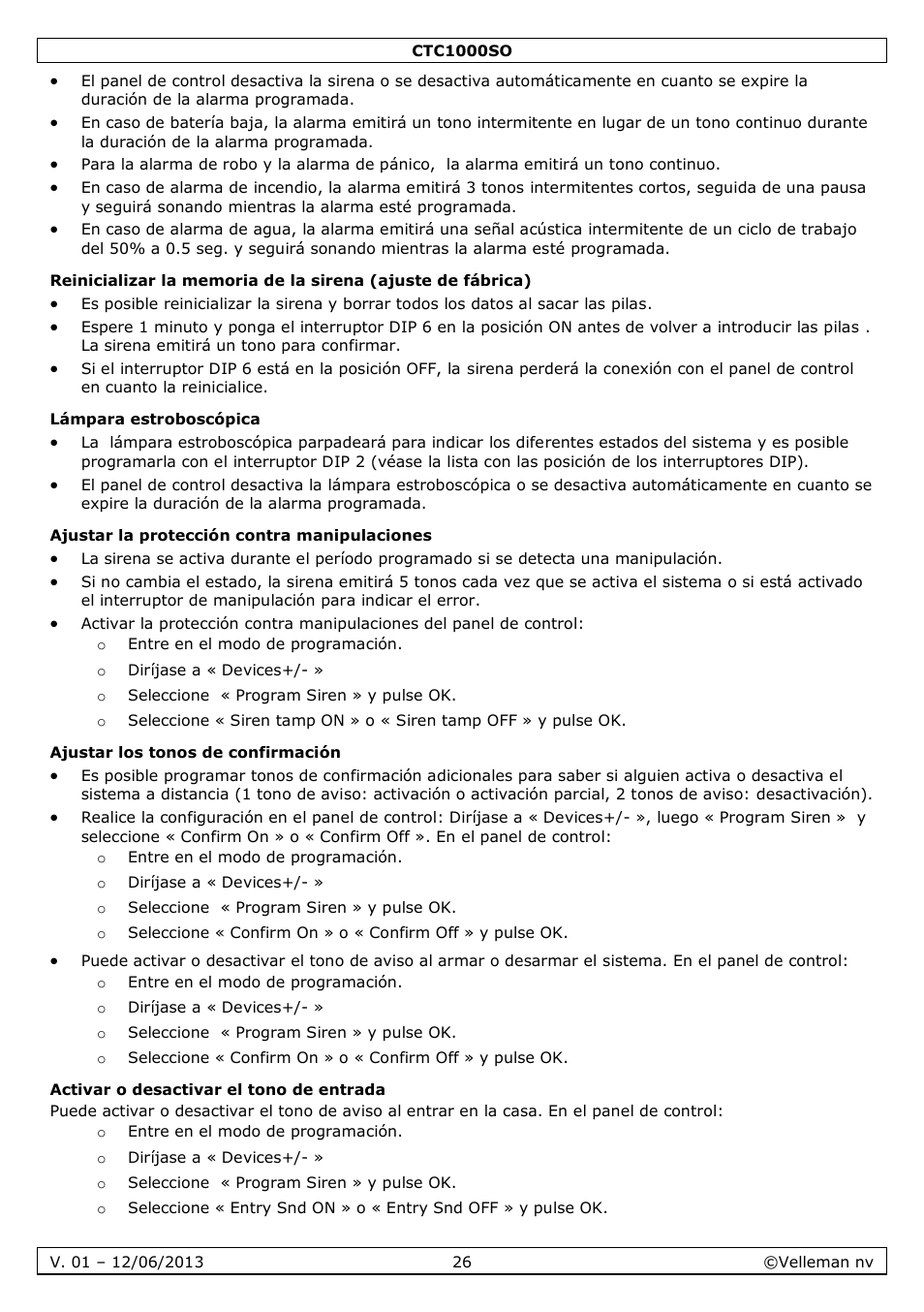 Lámpara estroboscópica, Ajustar la protección contra manipulaciones, Ajustar los tonos de confirmación | Activar o desactivar el tono de entrada | Velleman CTC1000SO User Manual | Page 26 / 46