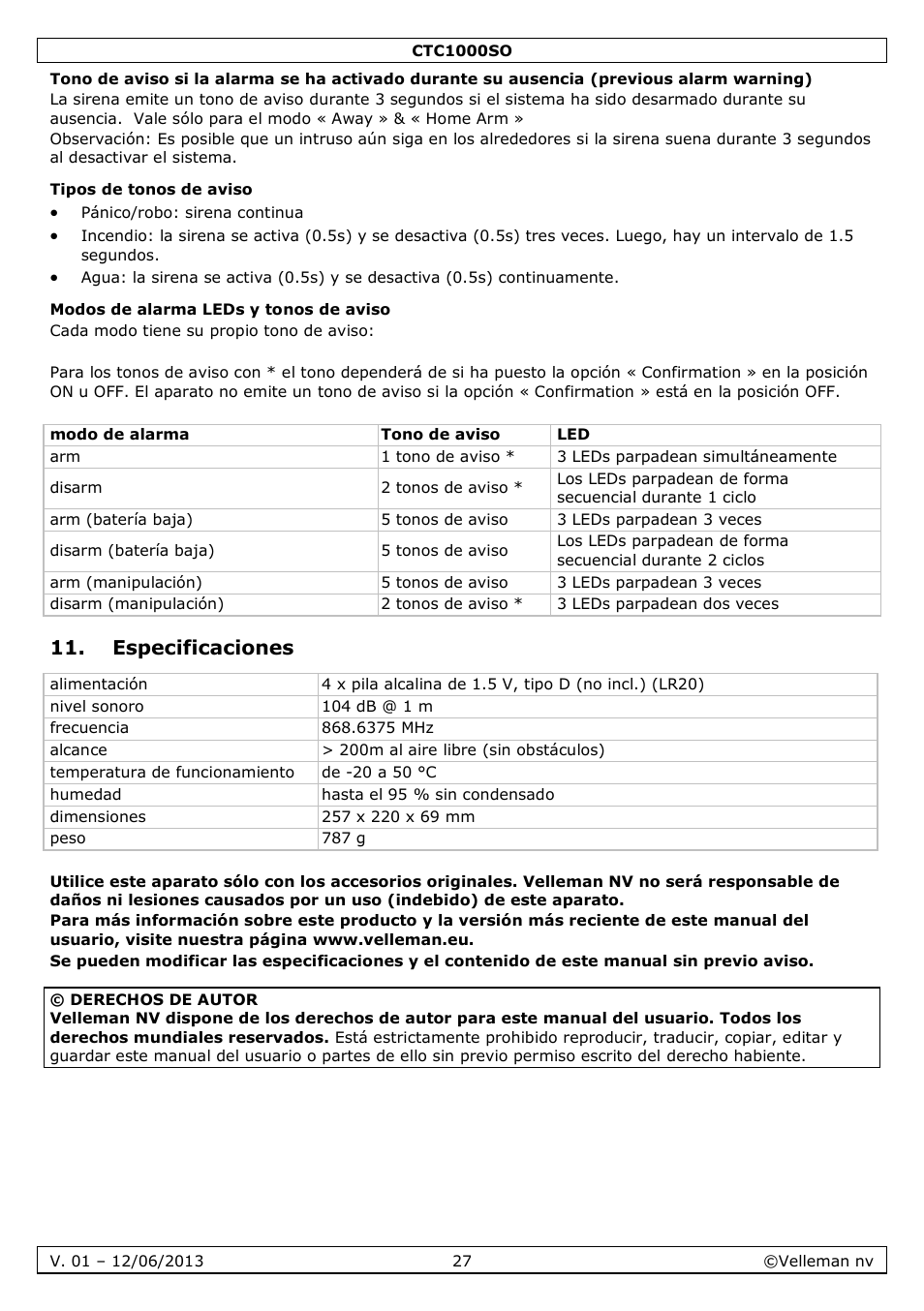 Tipos de tonos de aviso, Modos de alarma leds y tonos de aviso, Especificaciones | Velleman CTC1000SO User Manual | Page 27 / 46